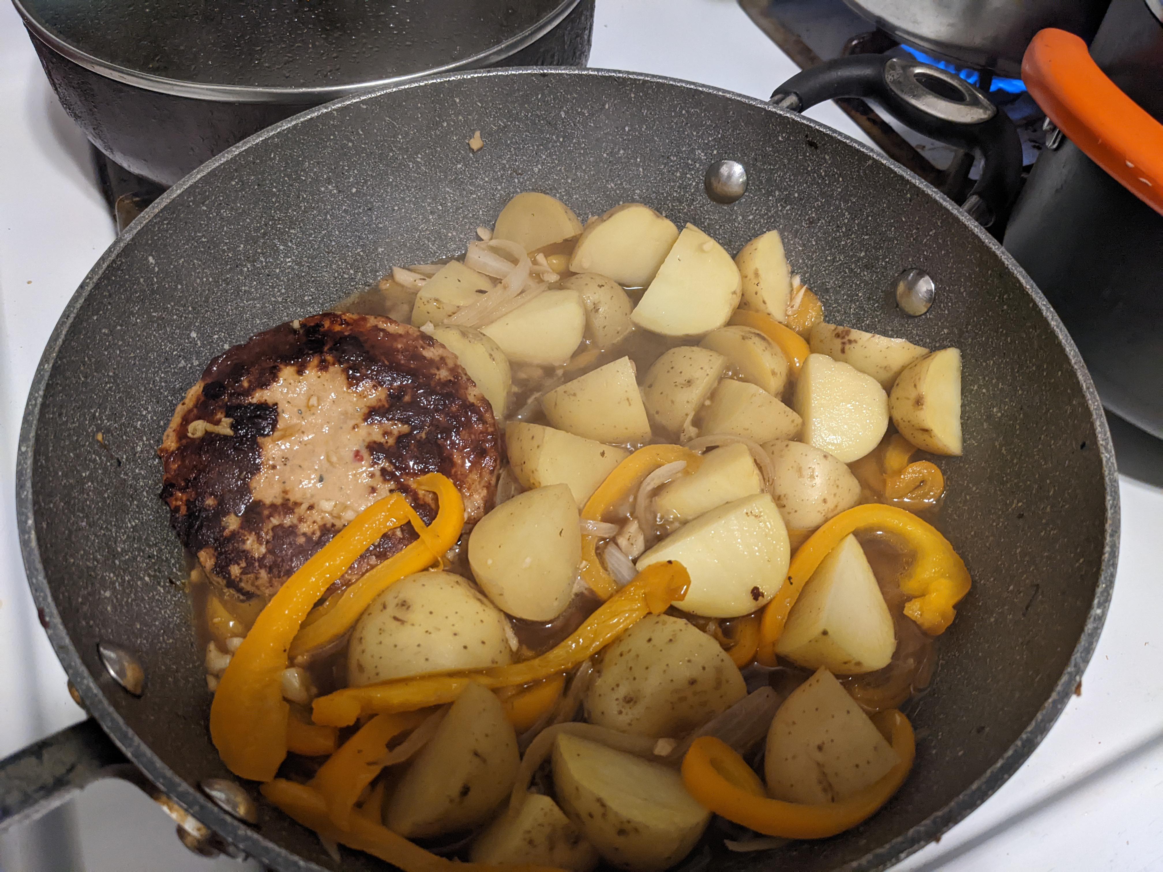 No bread. Here's a chicken burger patty with potatoes. r/shittyfoodporn