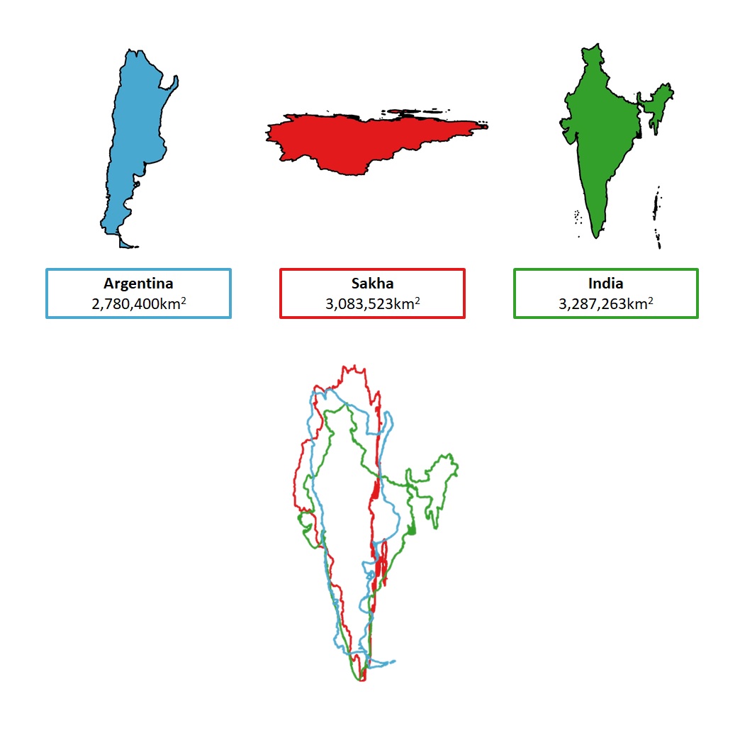 Argentina Over Russia Map Comparing Russia's largest region, Sakha, to India and Argentina