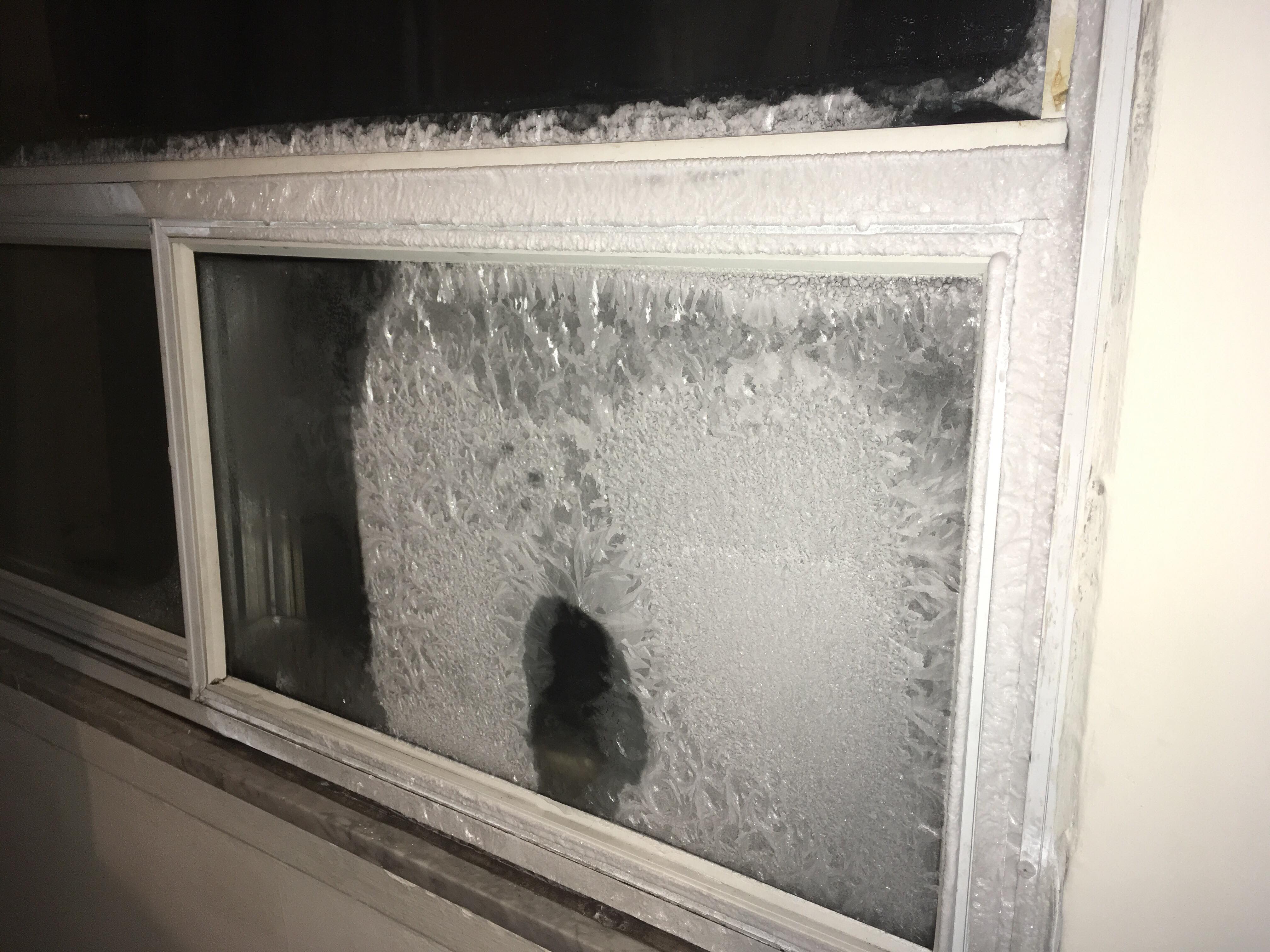Frozen/Crystallized window during extreme cold temperature. r