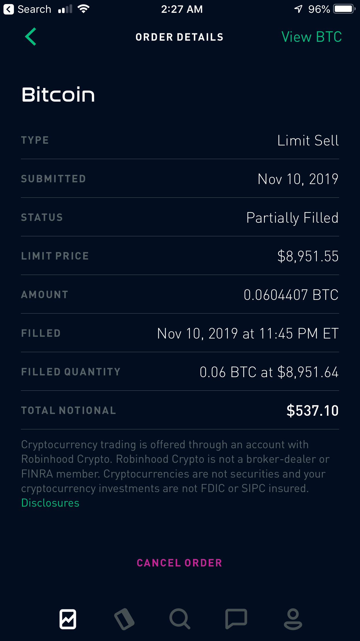 Total Notional? Does cancelling a partially filled sell limit order