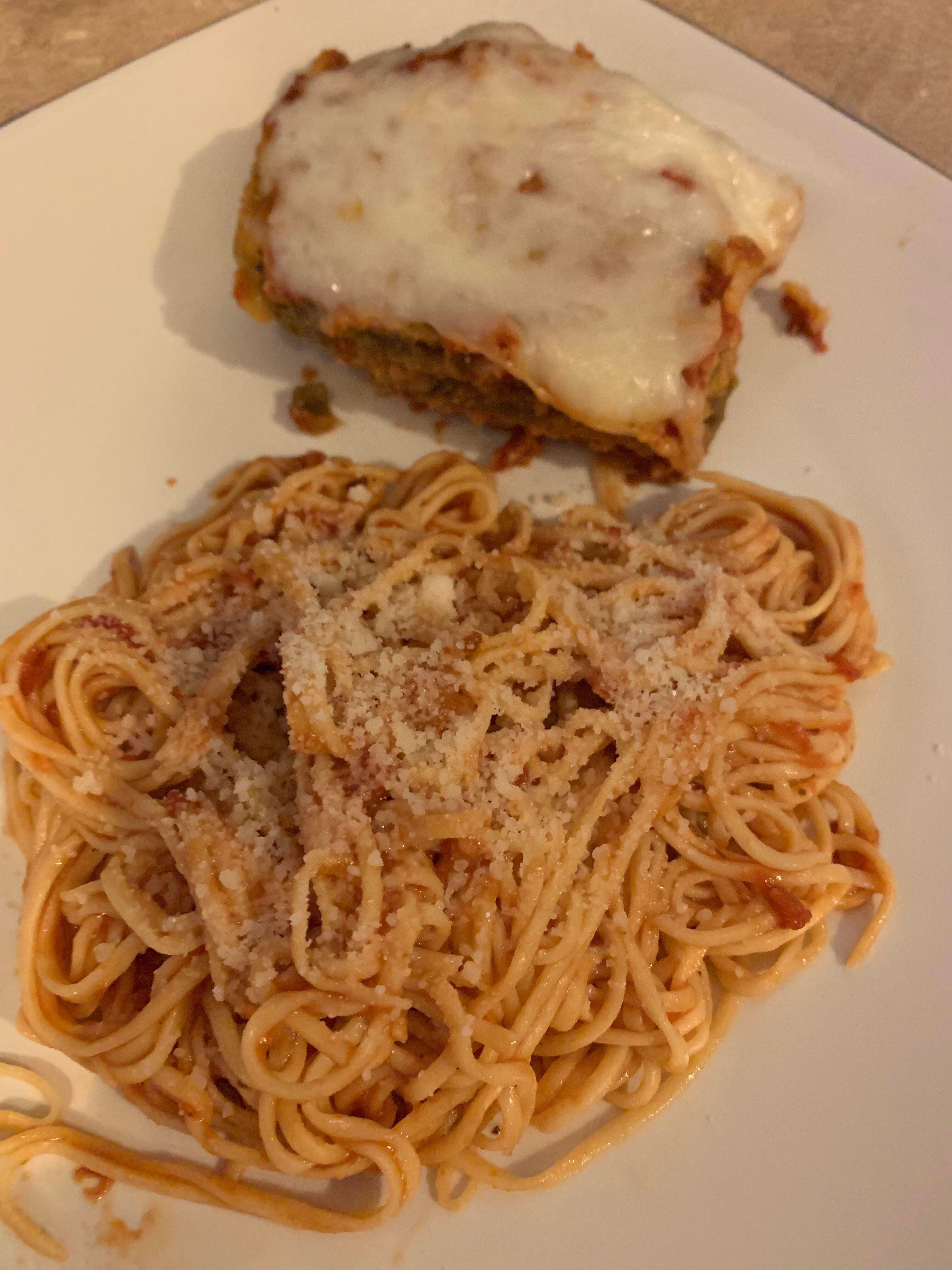 Eggplant parmigiana with fresh spaghetti and homemade marinara! r/pasta