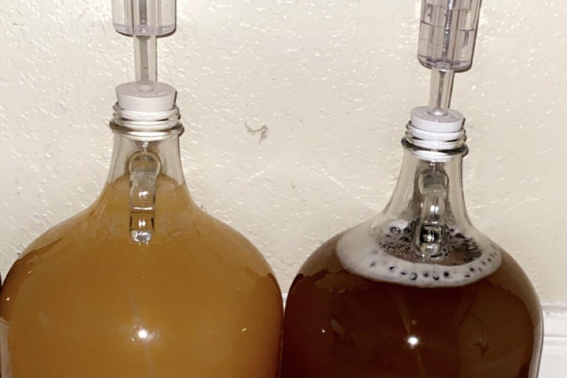 Traditional one month in (left) Juniper Berry sack mead one week in