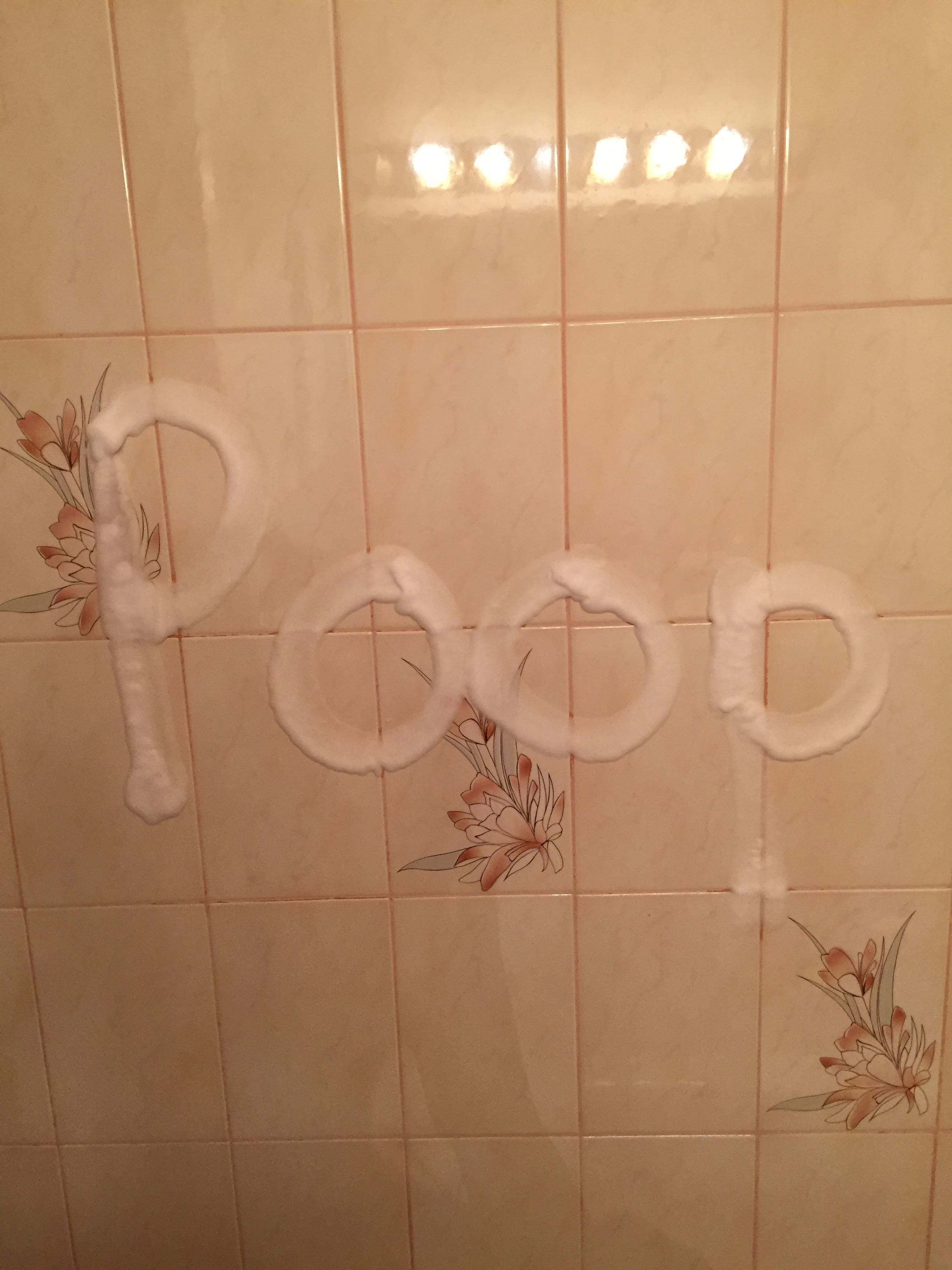 Making soap scum spell poop in the bathroom at work r/MildlyVandalised