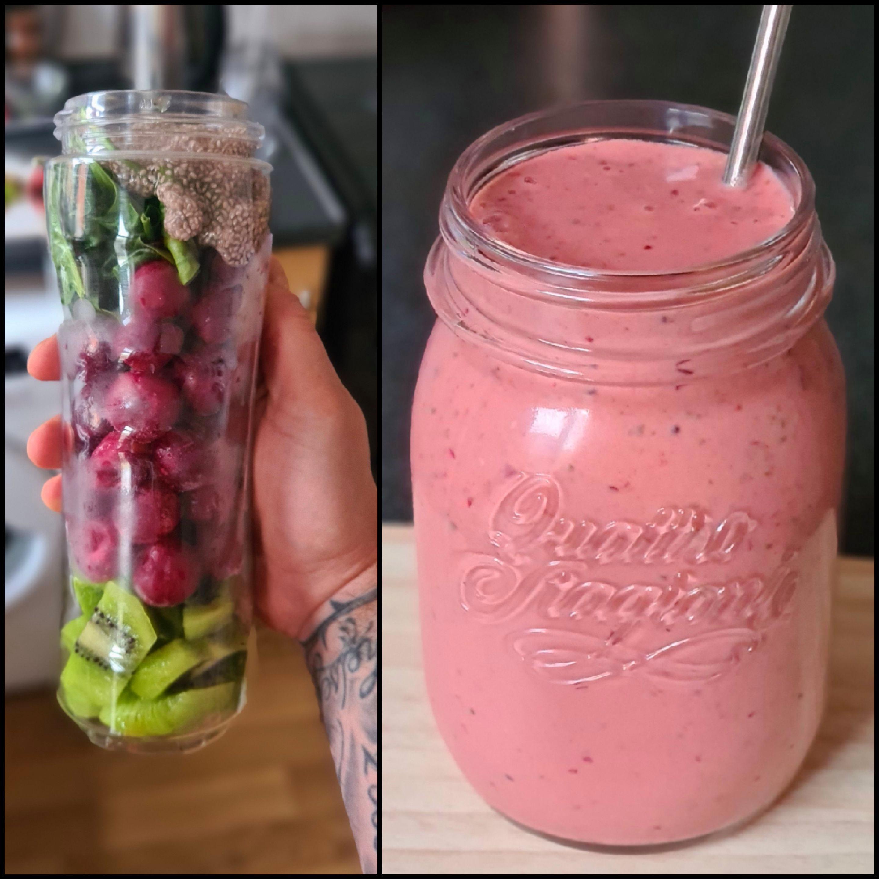 Cherry, kiwi, spinach, chia seed, almond milk. r/Smoothies