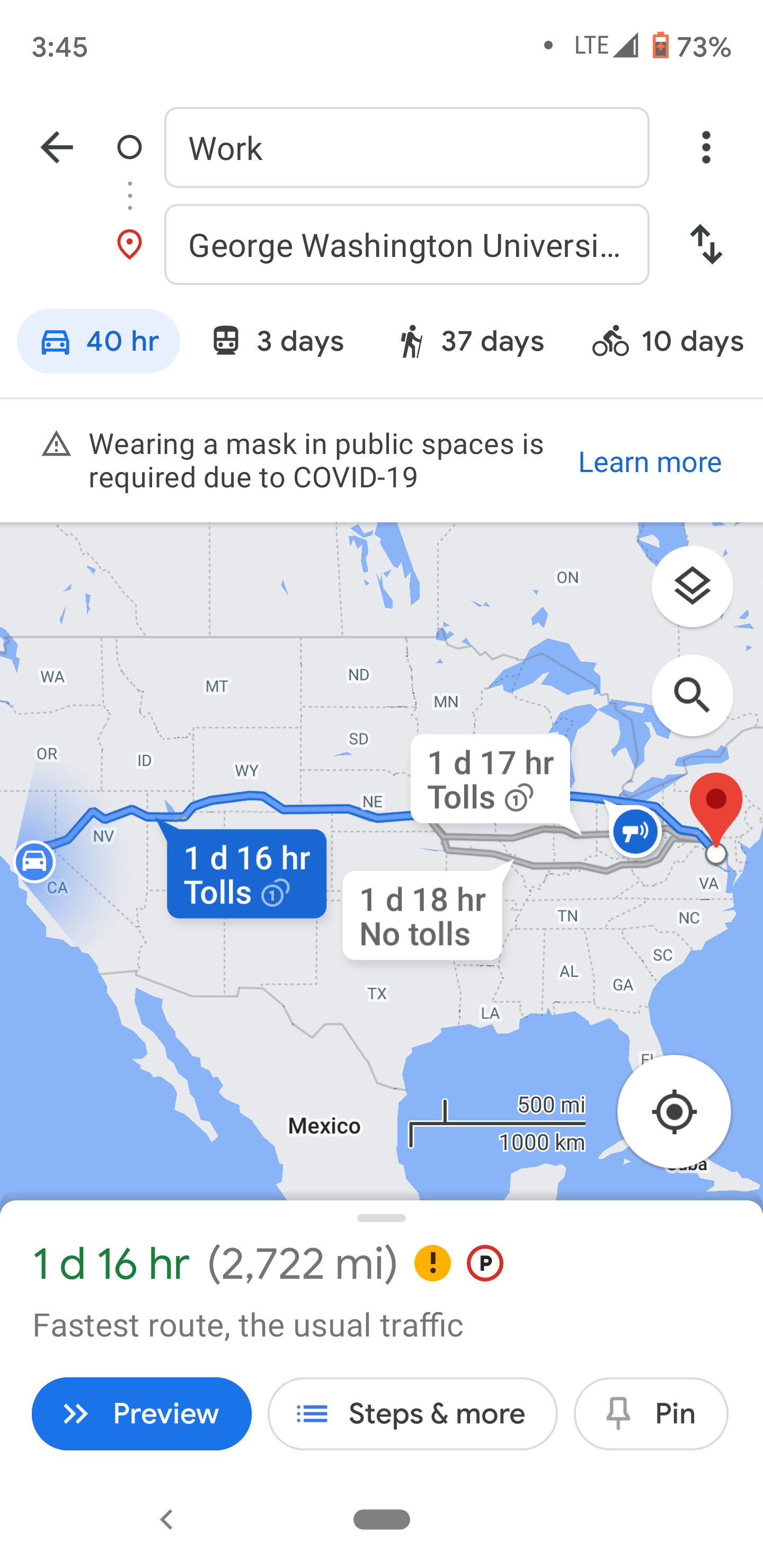 Google gives perfectly acceptable directions to Washington DC. r