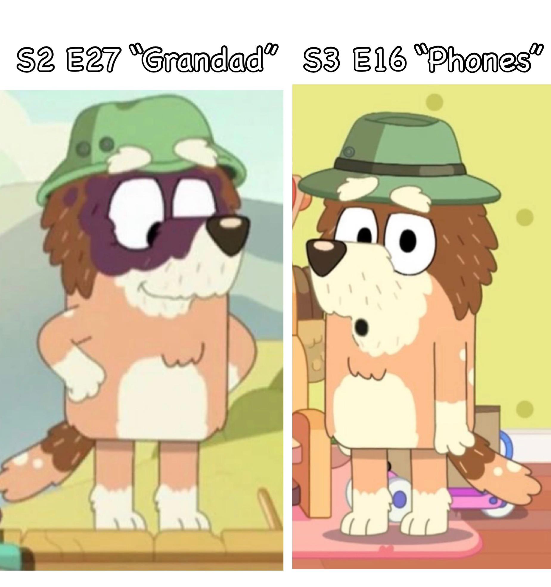 Just noticed that Grandad Mort wears a different hat the second time we