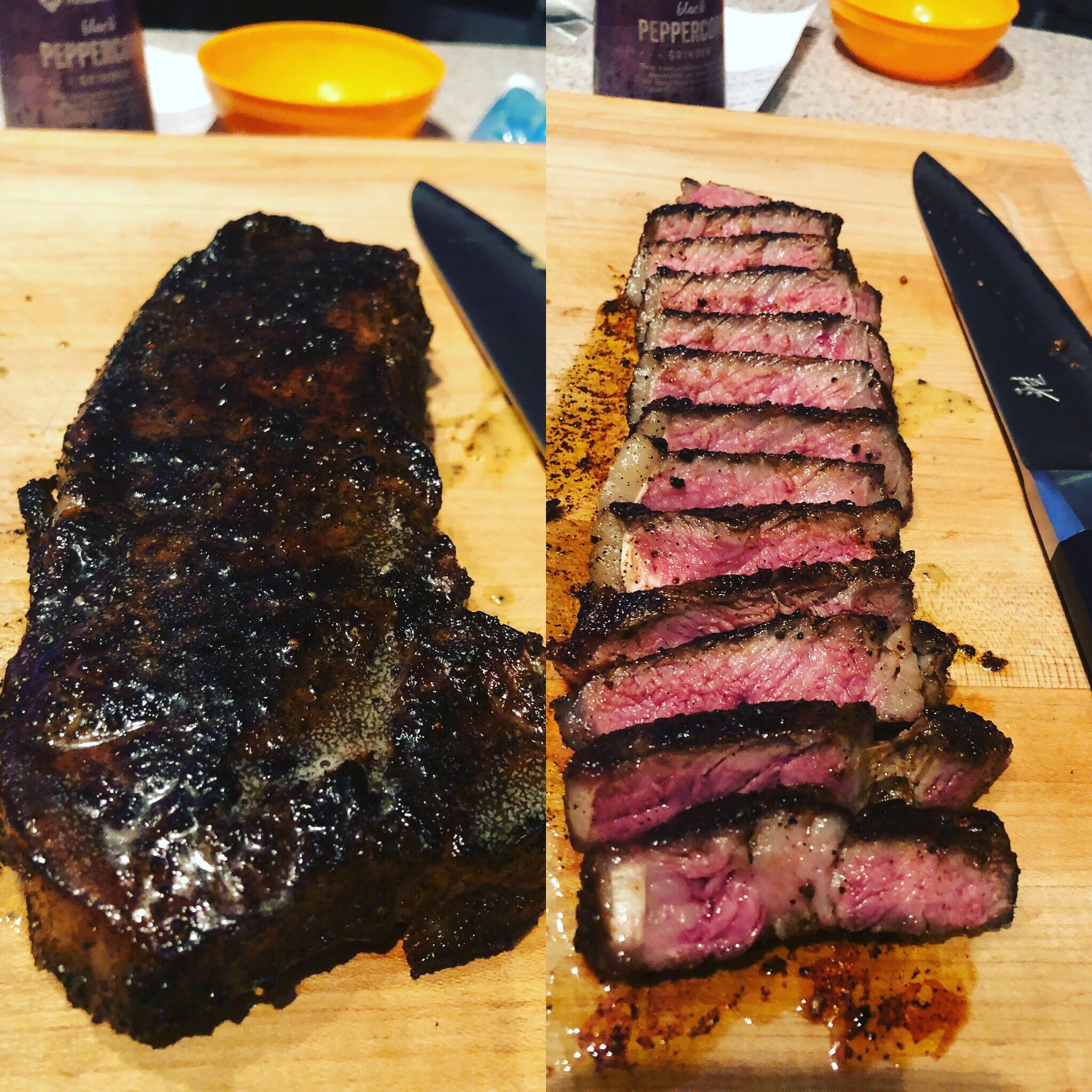 Prime NY strip Sous Vide 1hr 130 then seared on cast iron finished