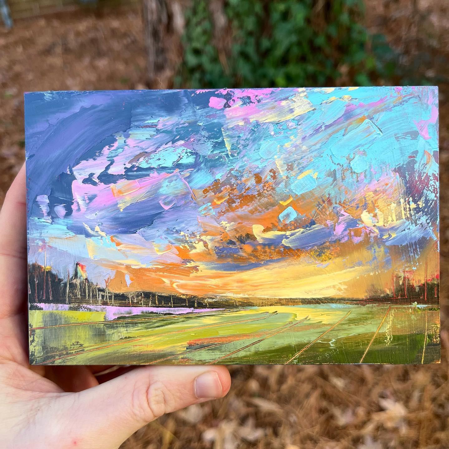 The golden sun 4x6 oil and gold leaf on wood panel r/painting