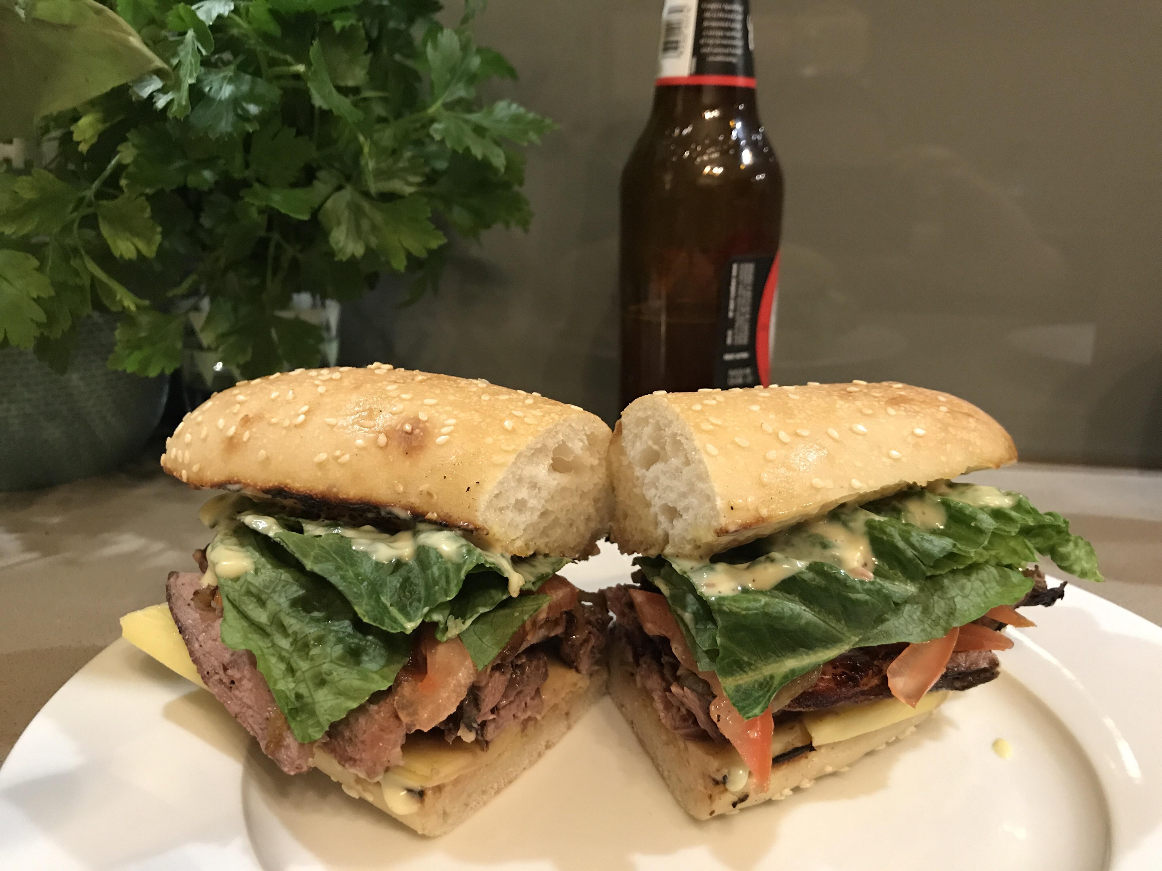 [Homemade] Steak sandwich on Turkish roll with mustard mayo, tasty