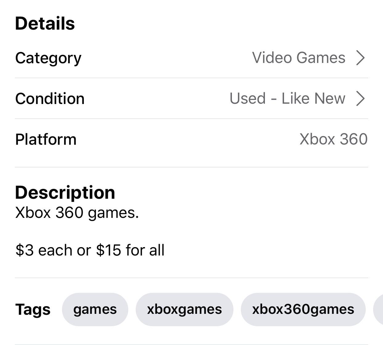 Person selling 4 used Xbox360 games on Facebook I will buy them