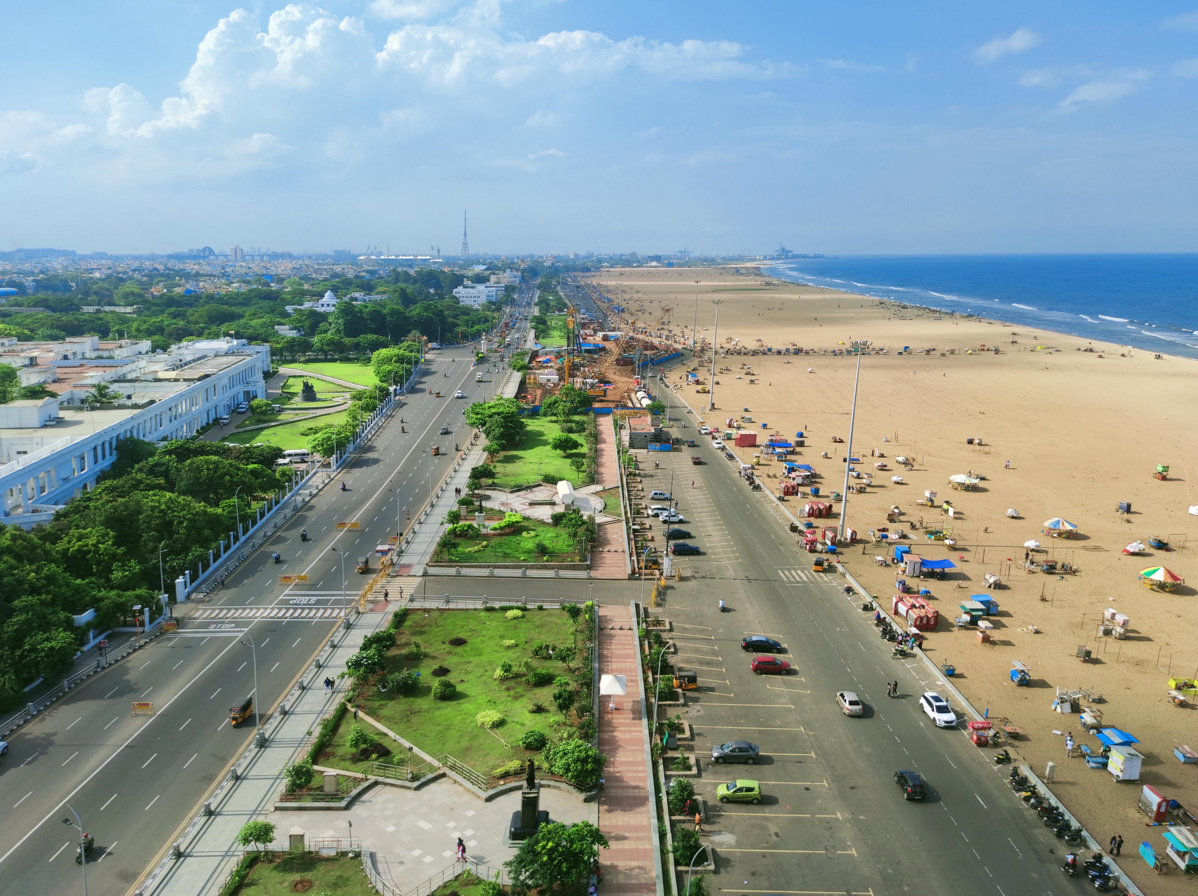 Marina Beach, Chennai with metro rail construction visible r
