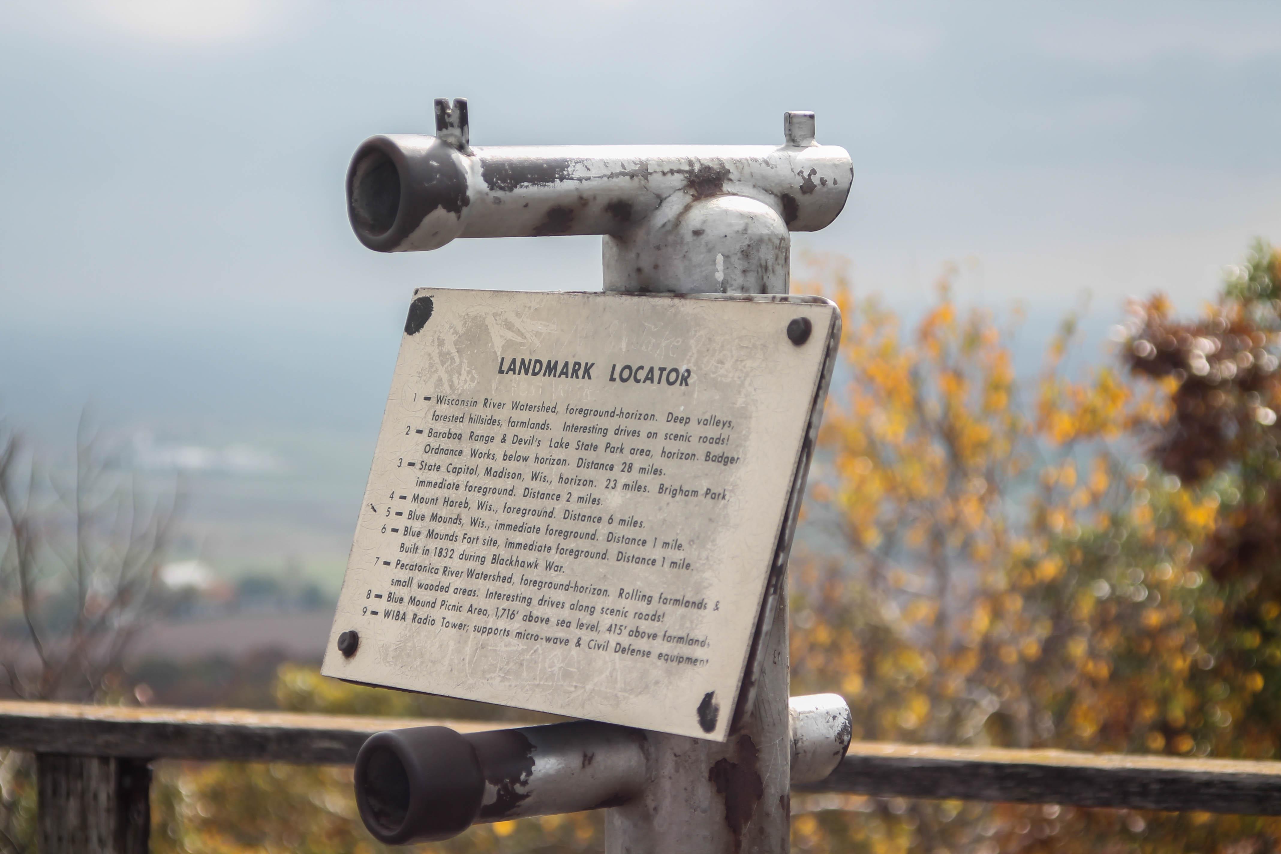 Cool landmark locator atop the lookout tower at Blue Mounds State Park
