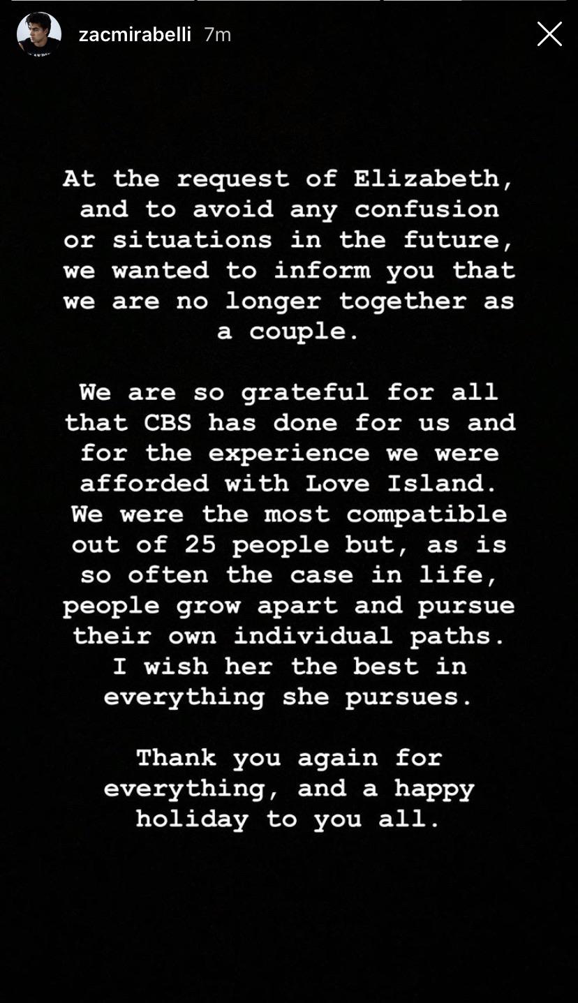 Zac and Elizabeth no longer together. LoveIslandUSA