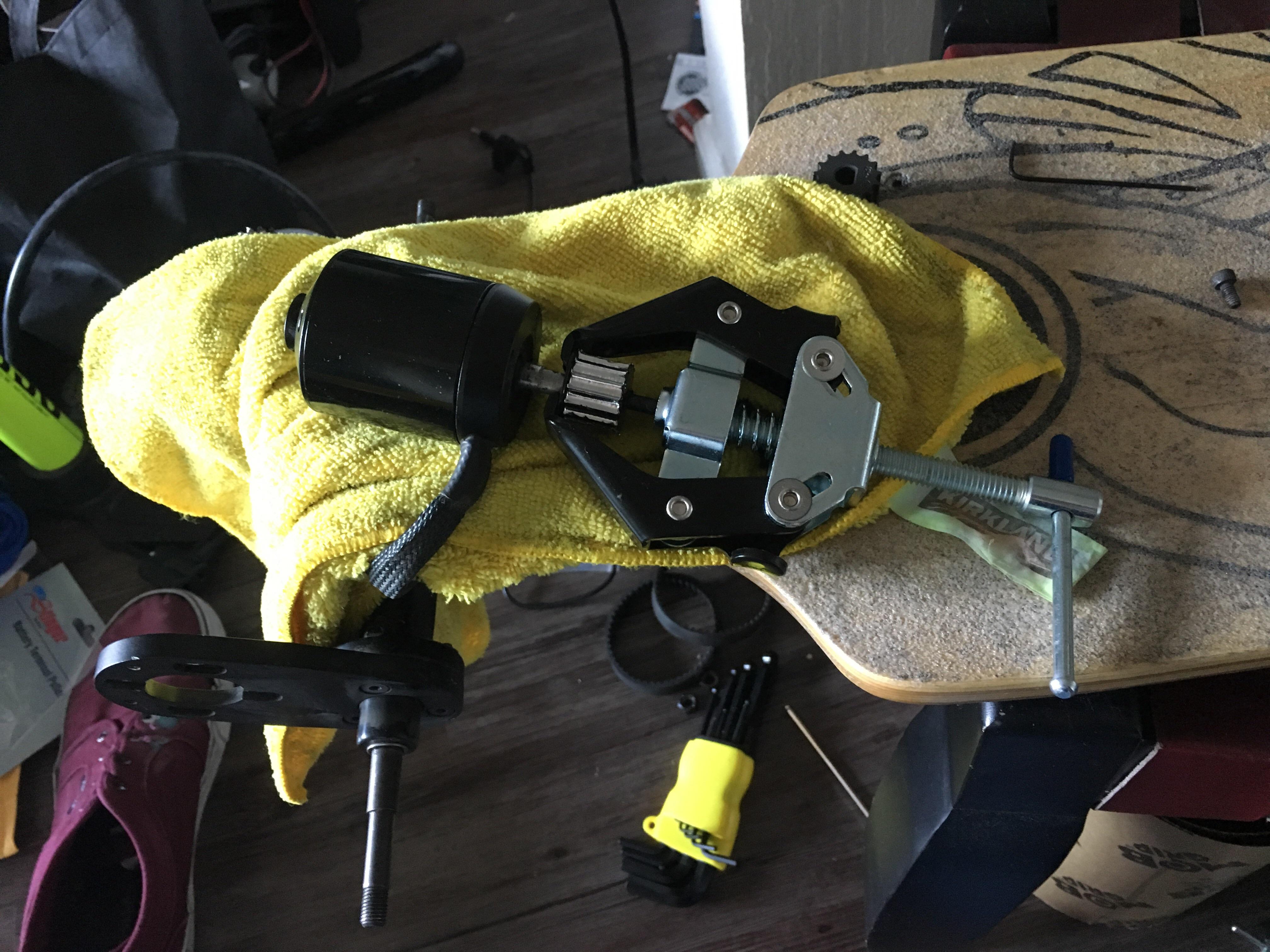 How to remove worn Evolve GT pinion gears; battery terminal puller. r