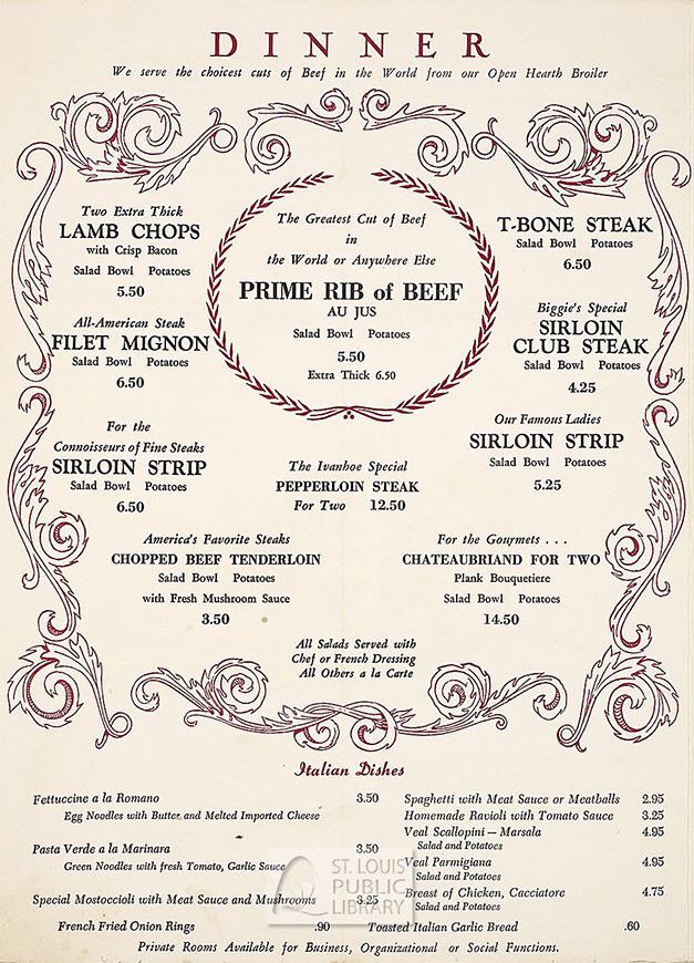 1960sera dinner menu for Stan Musial and Biggie's restaurant at 5130