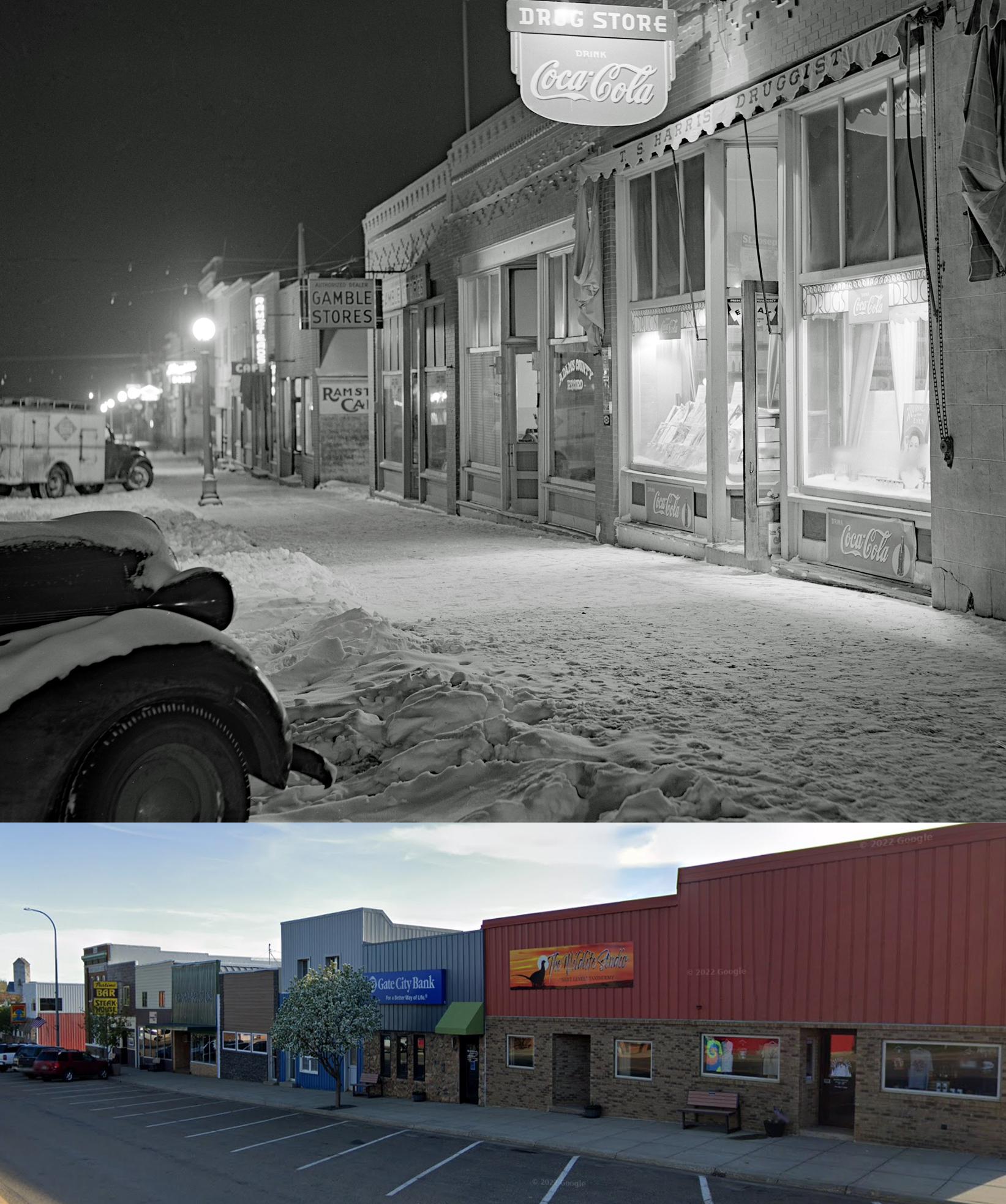 Hettinger, North Dakota in February 1942 vs. May 2022. ('42 photo by