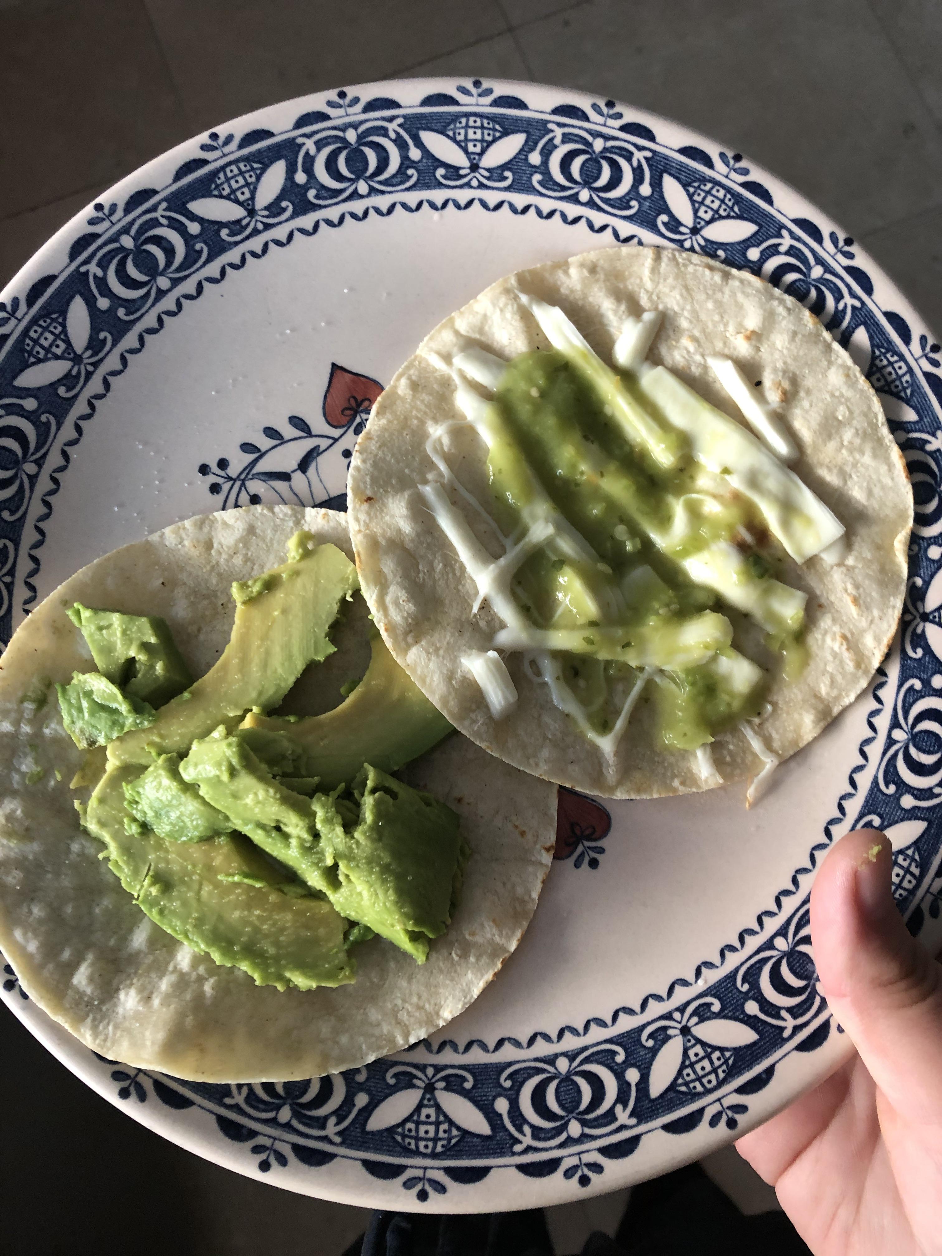 Avocado and Oaxaca cheese with salsa verde tacos r/vegetarian
