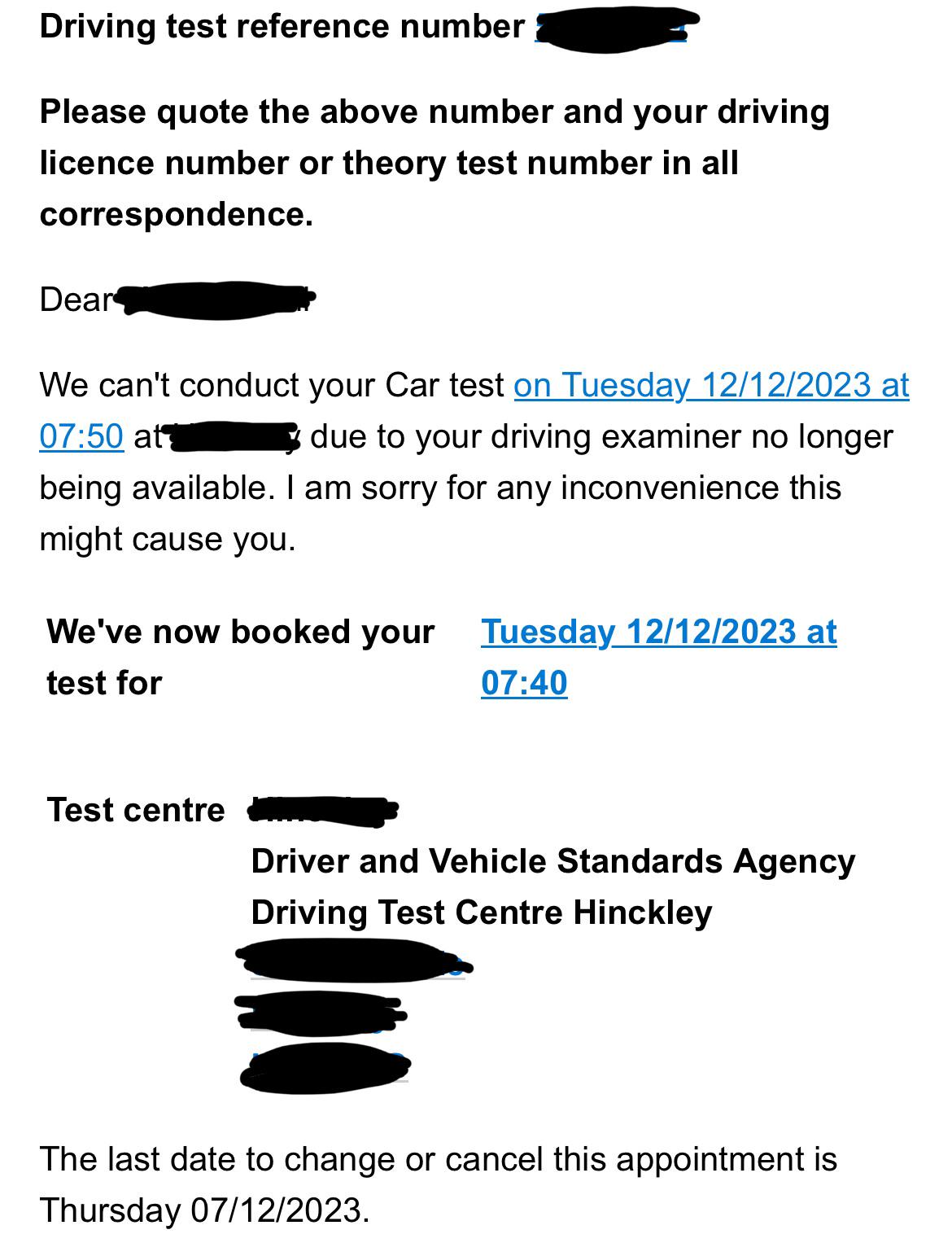 Test rescheduled for 10 minutes earlier. r/LearnerDriverUK