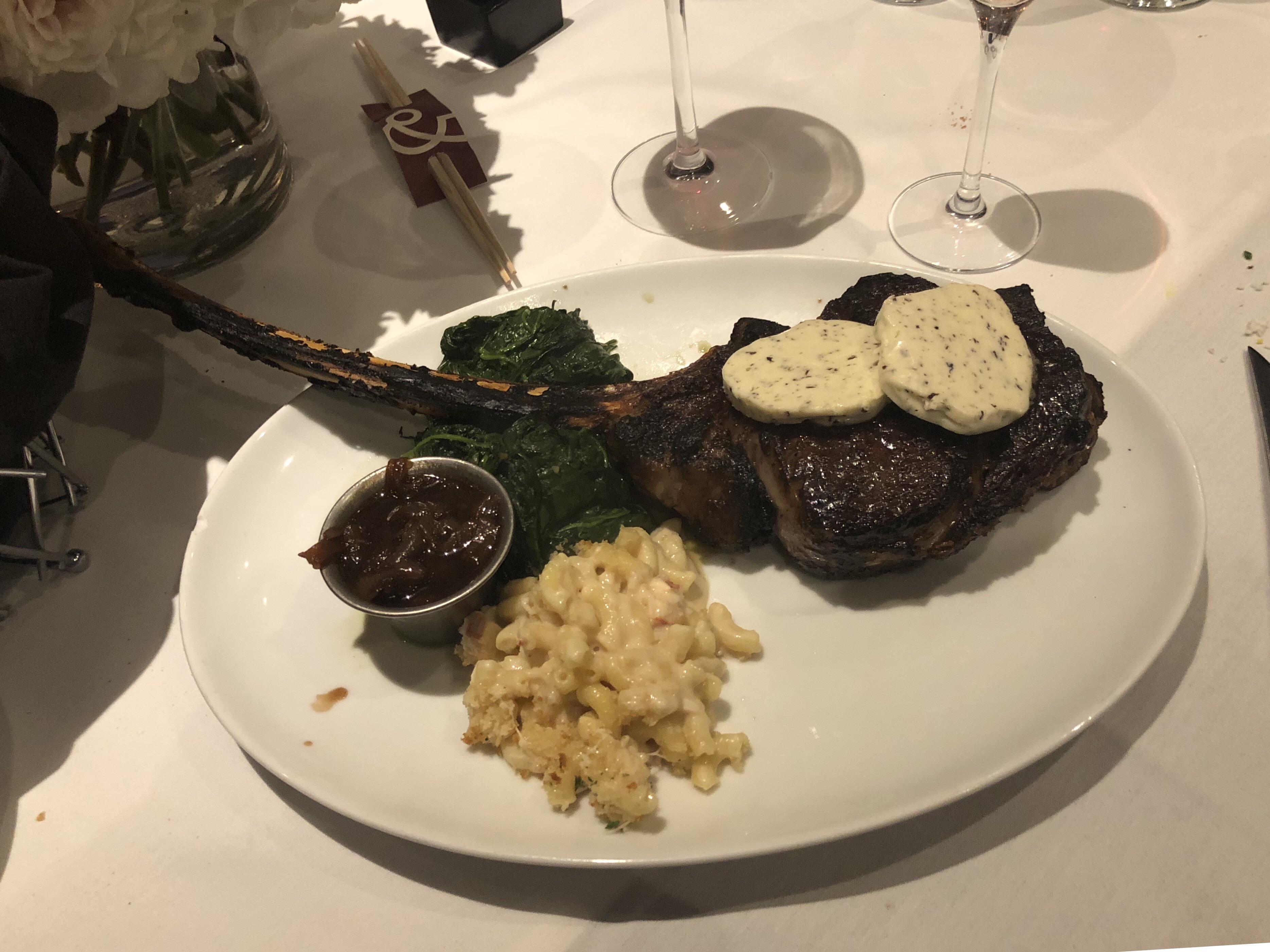 Tomahawk Ribeye w/ truffle butter and lobster Macncheese (Nick & Sam