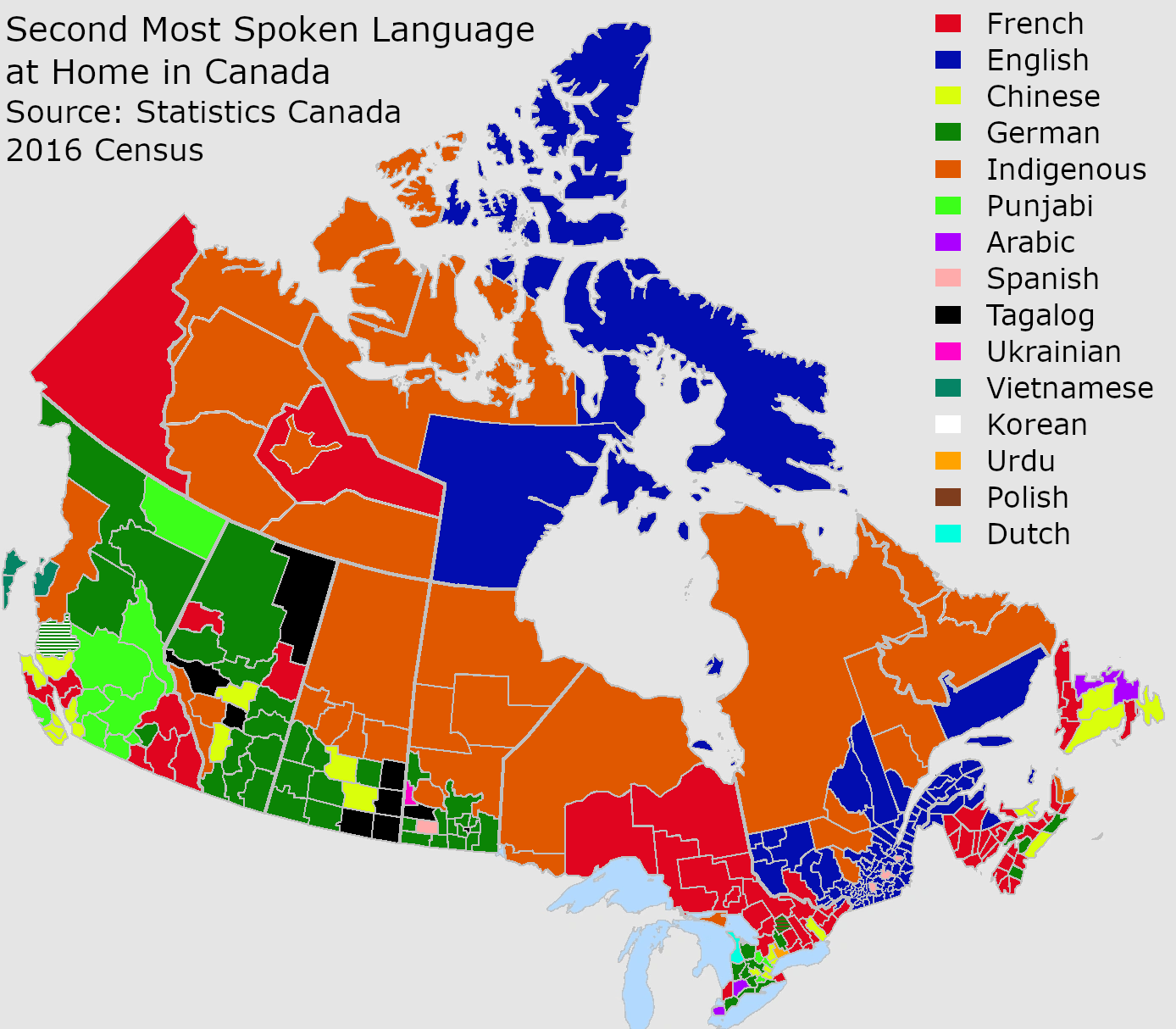 I made of map of the second most spoken languages at home in Canada