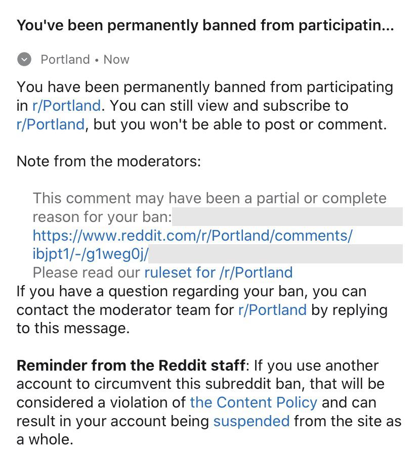 Permanently banned from the Portland subreddit for asking why Keese
