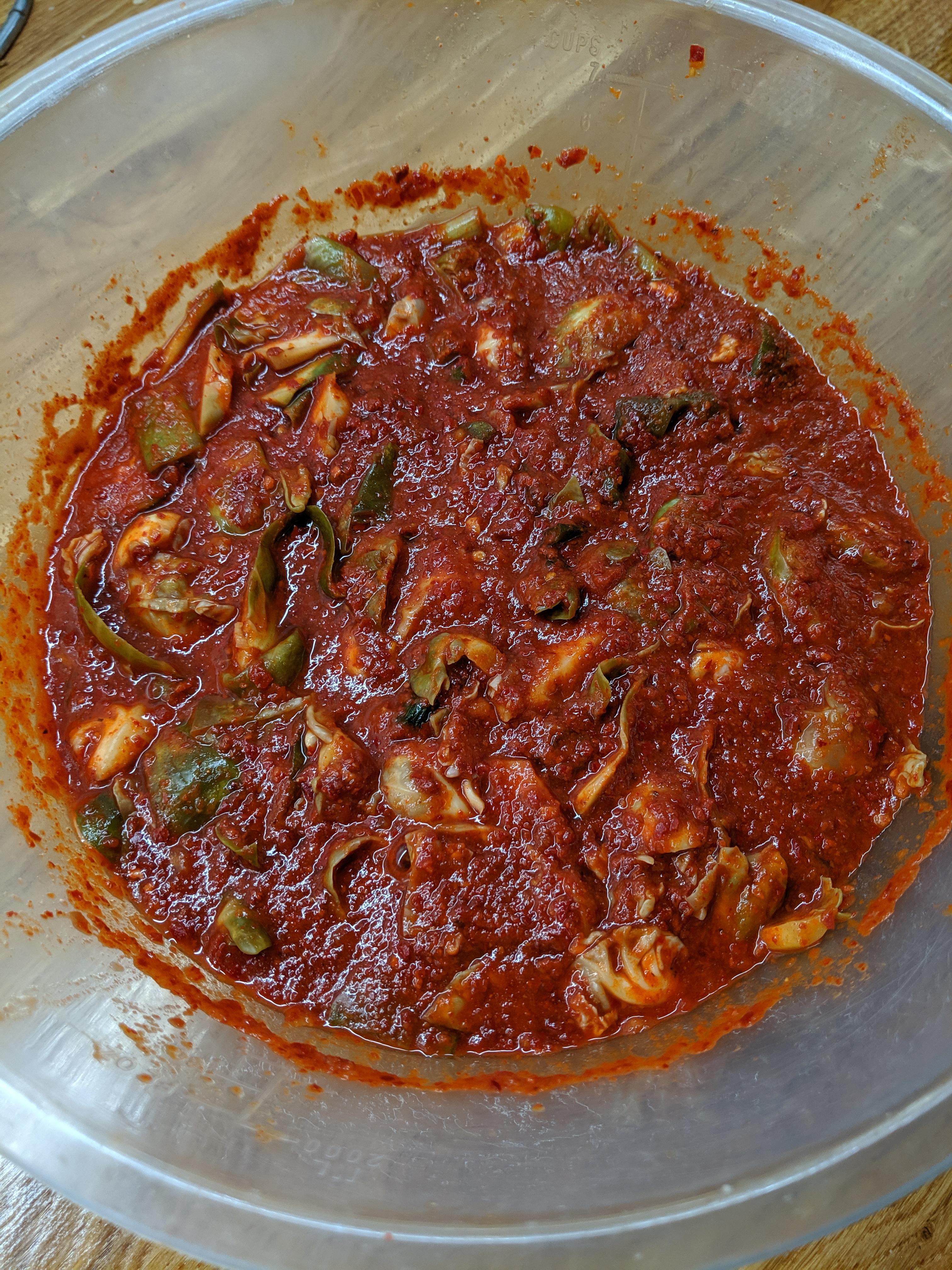 Brussel sprout kimchi done with a kkakadugi recipe. Brussels were