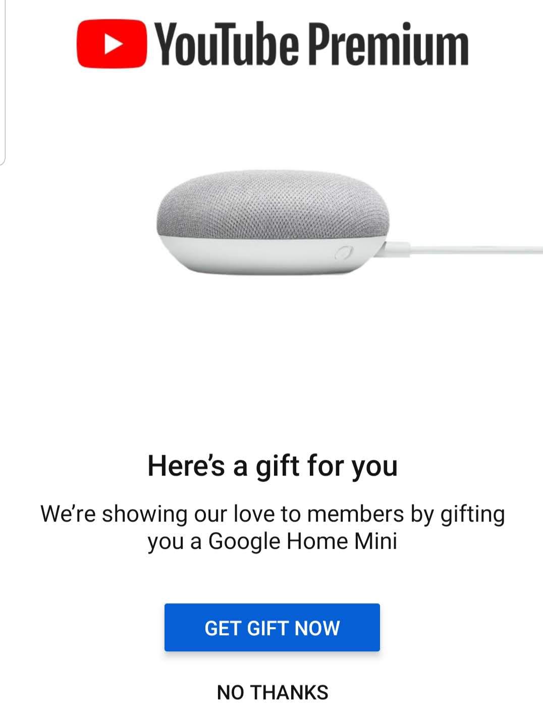 Google just gifted me a Google Home Mini for being a YouTube Premium