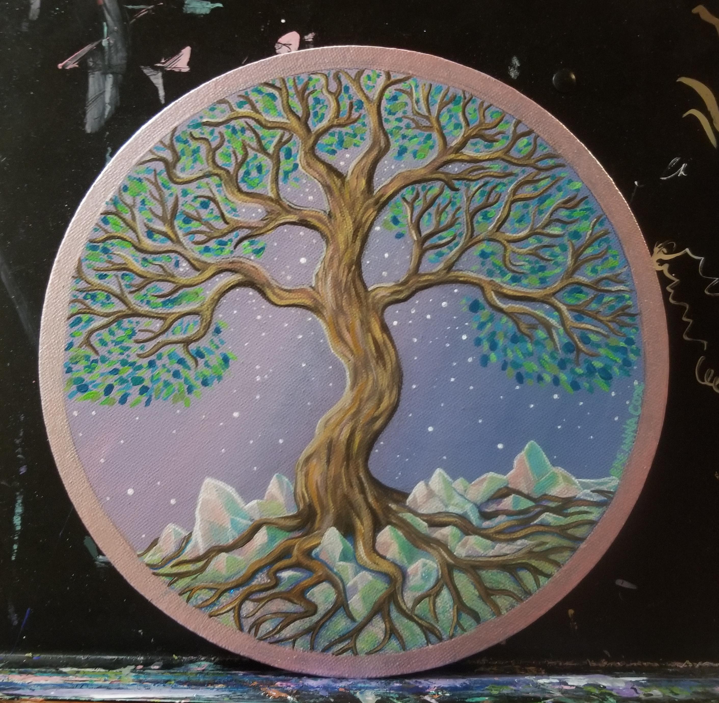 Yggdrasil, acrylic on 10" round canvas, what do y'all consider it worth