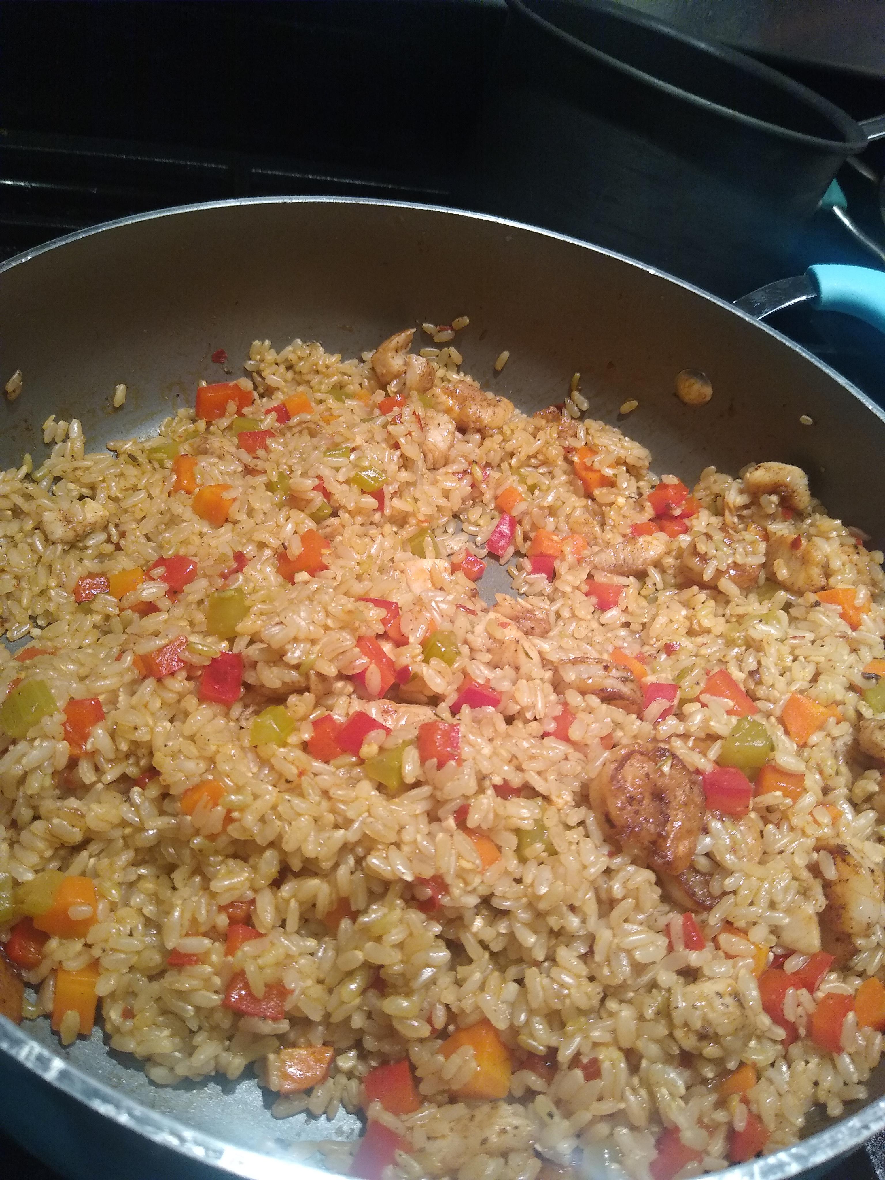 My own take on Jambalaya. This is for 2 servings, so about 458 calories