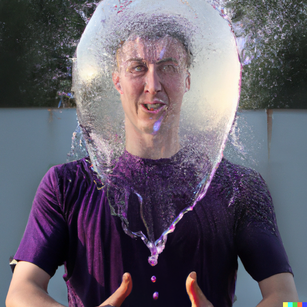 high speed photo of a water balloon exploding in front of a man's head