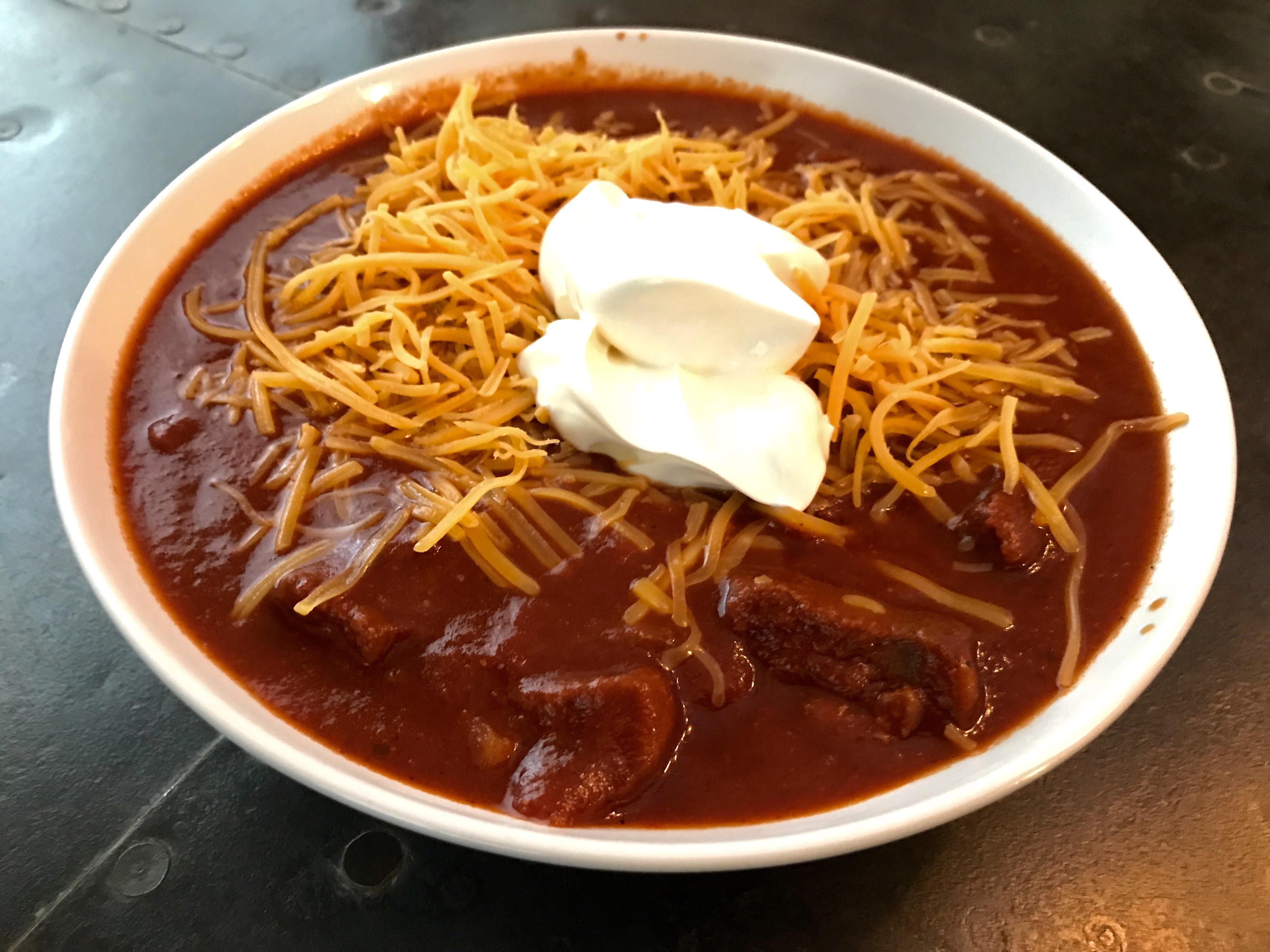 Tritip chili with homemade adobo sauce and fire roasted peppers