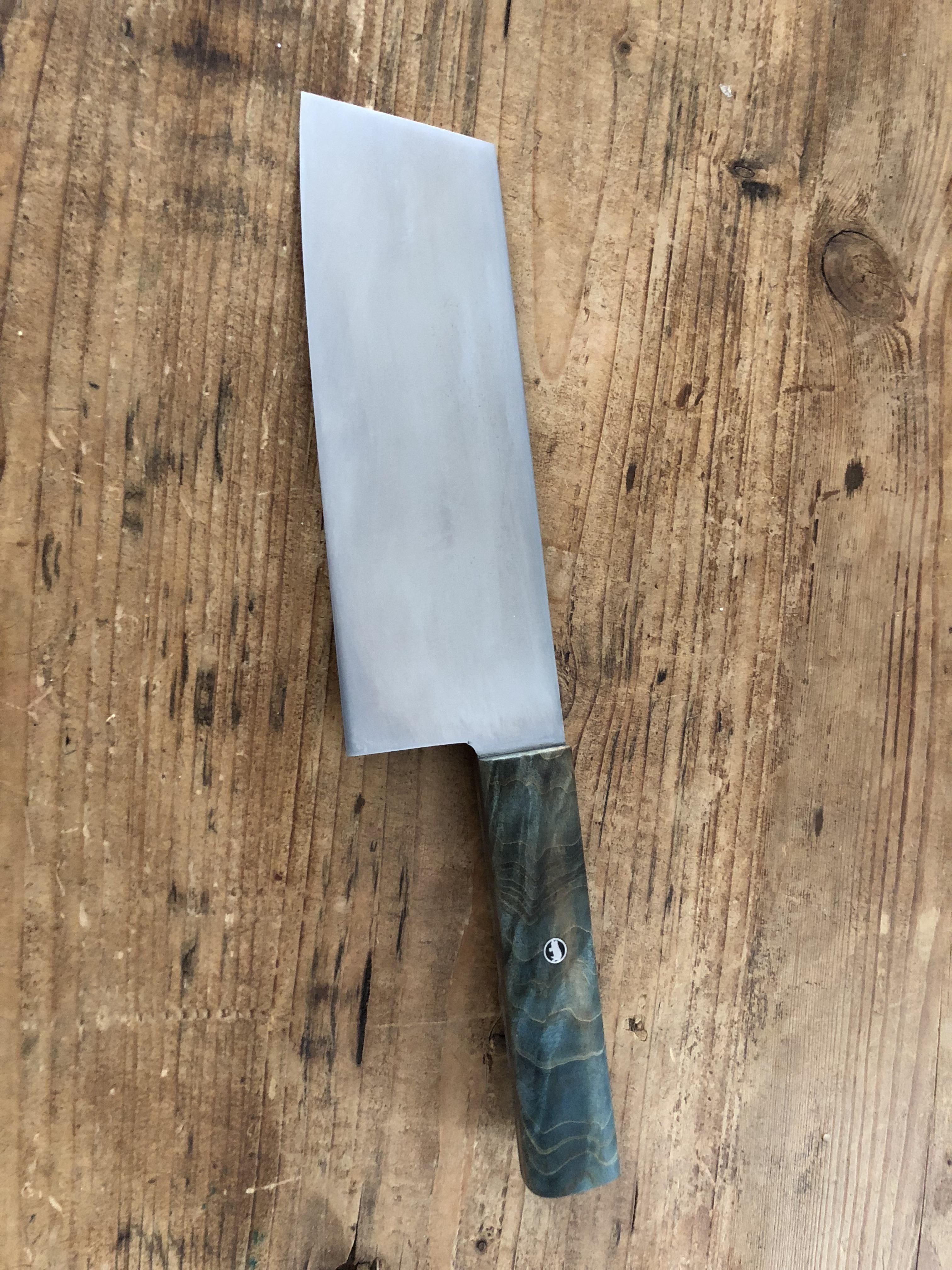 Hand 52100 vegetable knife for a vegan (*gag*) chef. Rainbow