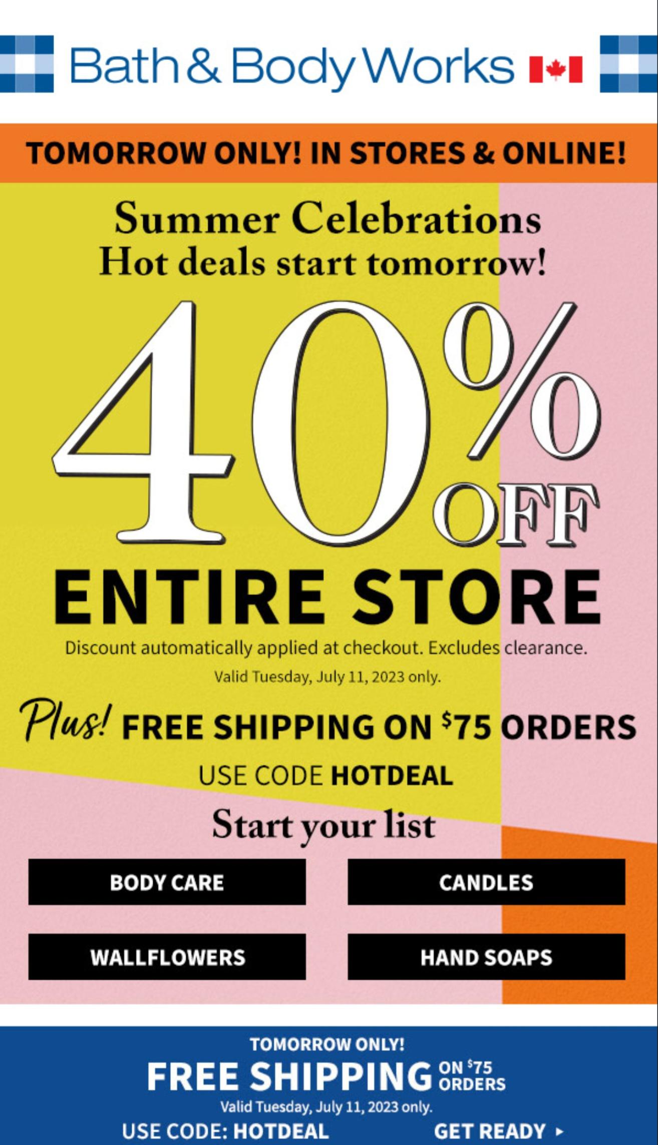 Tomorrow's sale Canada r/bathandbodyworks