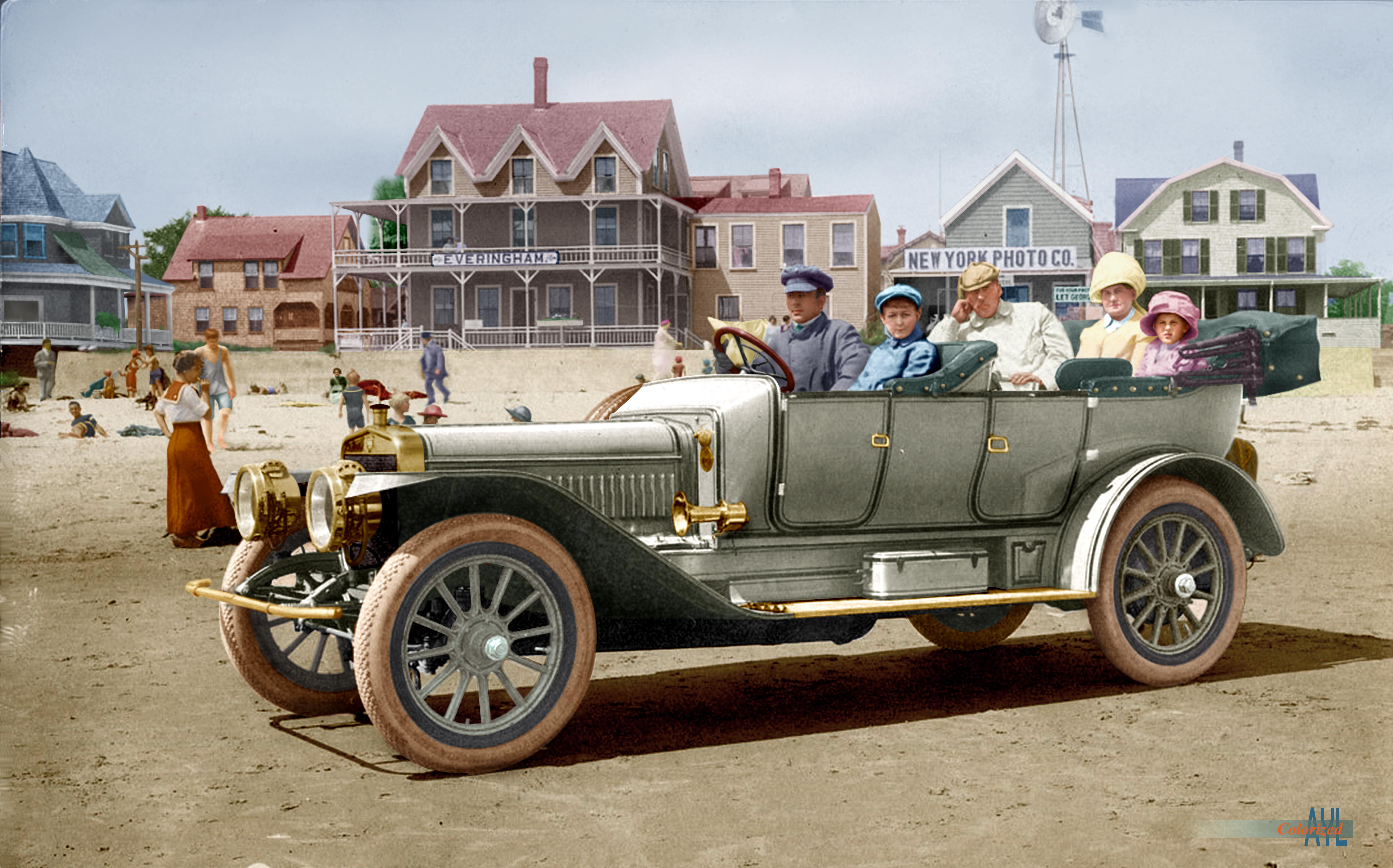 Colorized Winton Touring car with the rich Autry Family on a resort