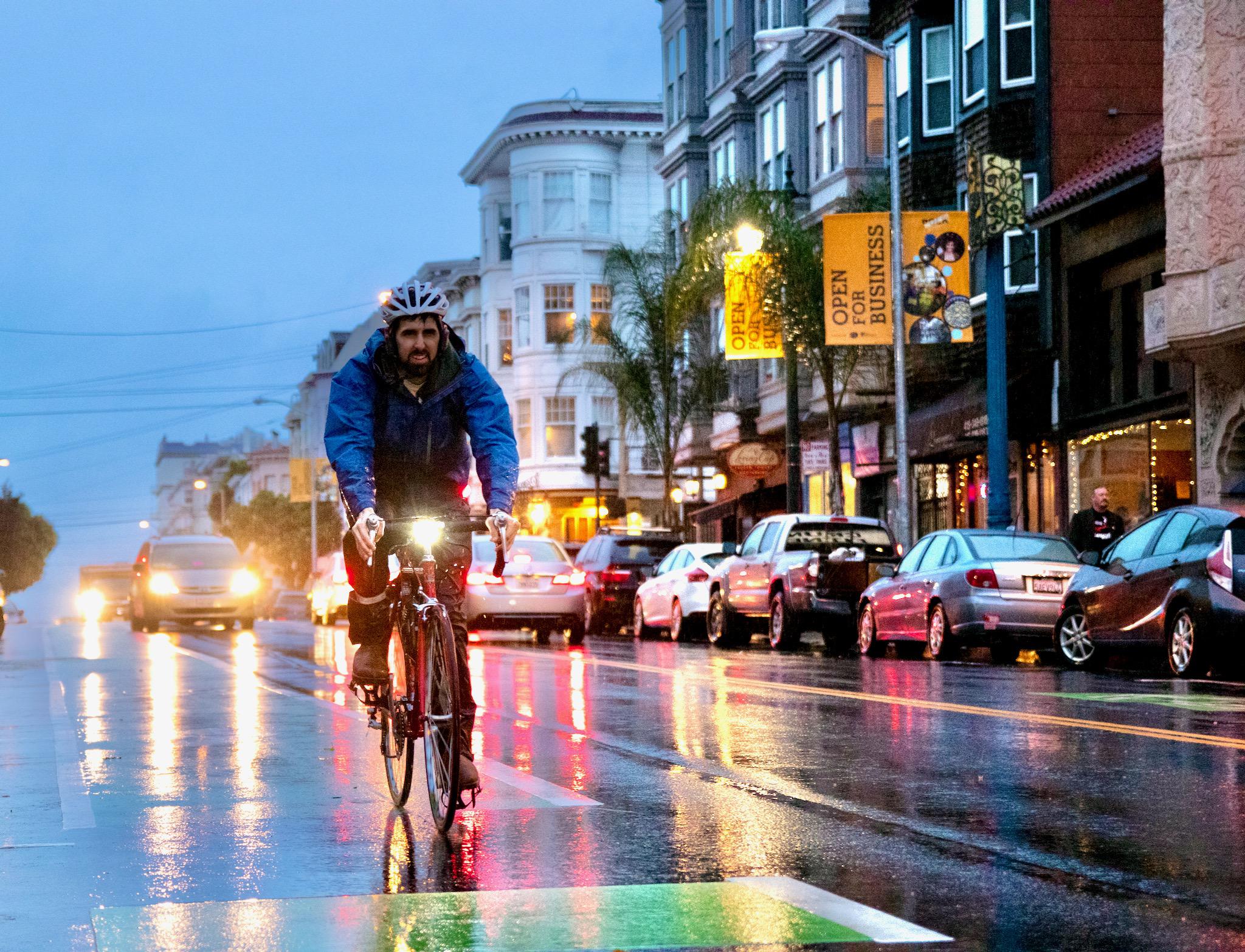 Biking in the rain on Polk Street...ok maybe right after a rain r