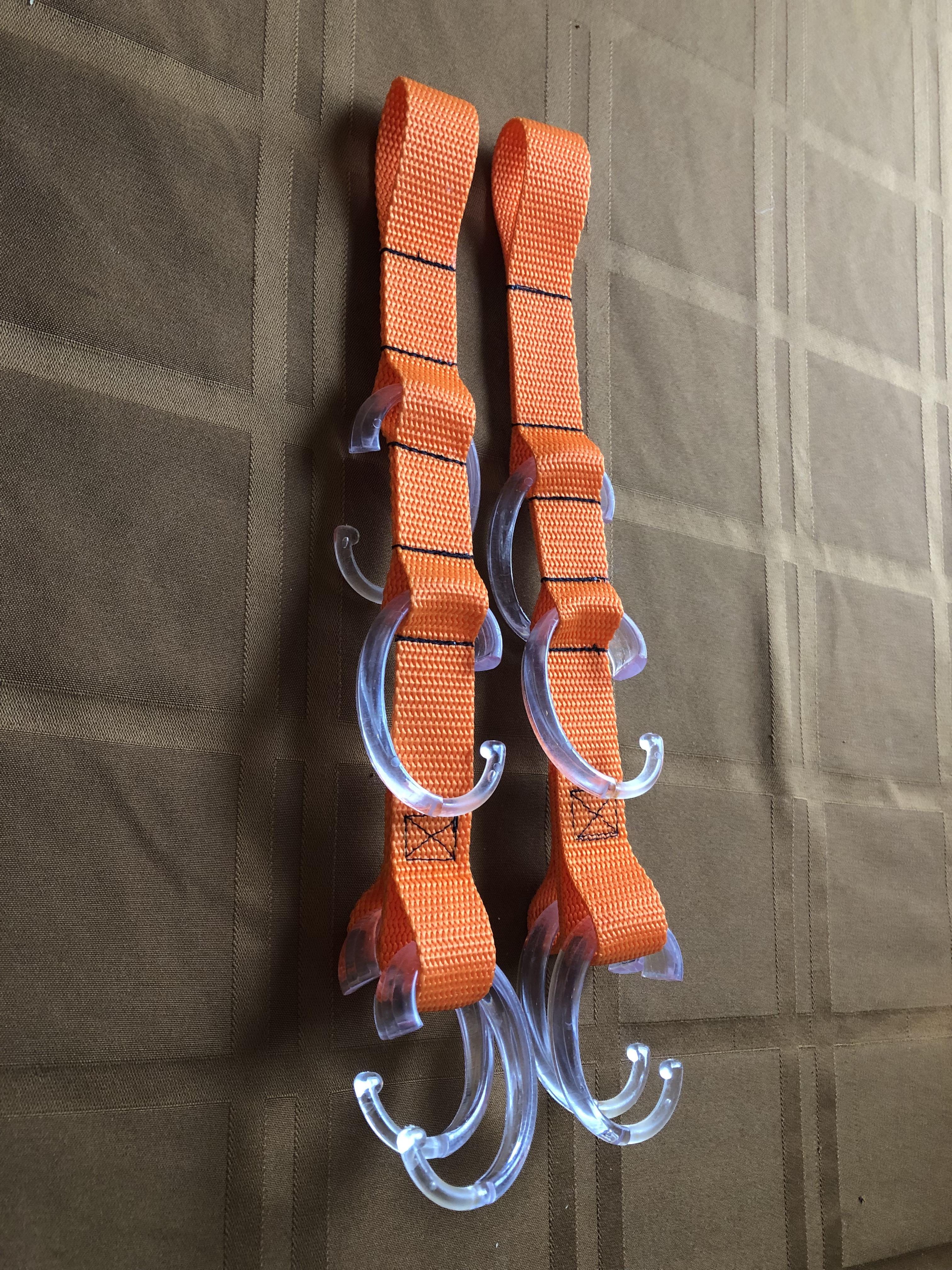 Gear holder with recycled shower curtain hooks from our bathroom