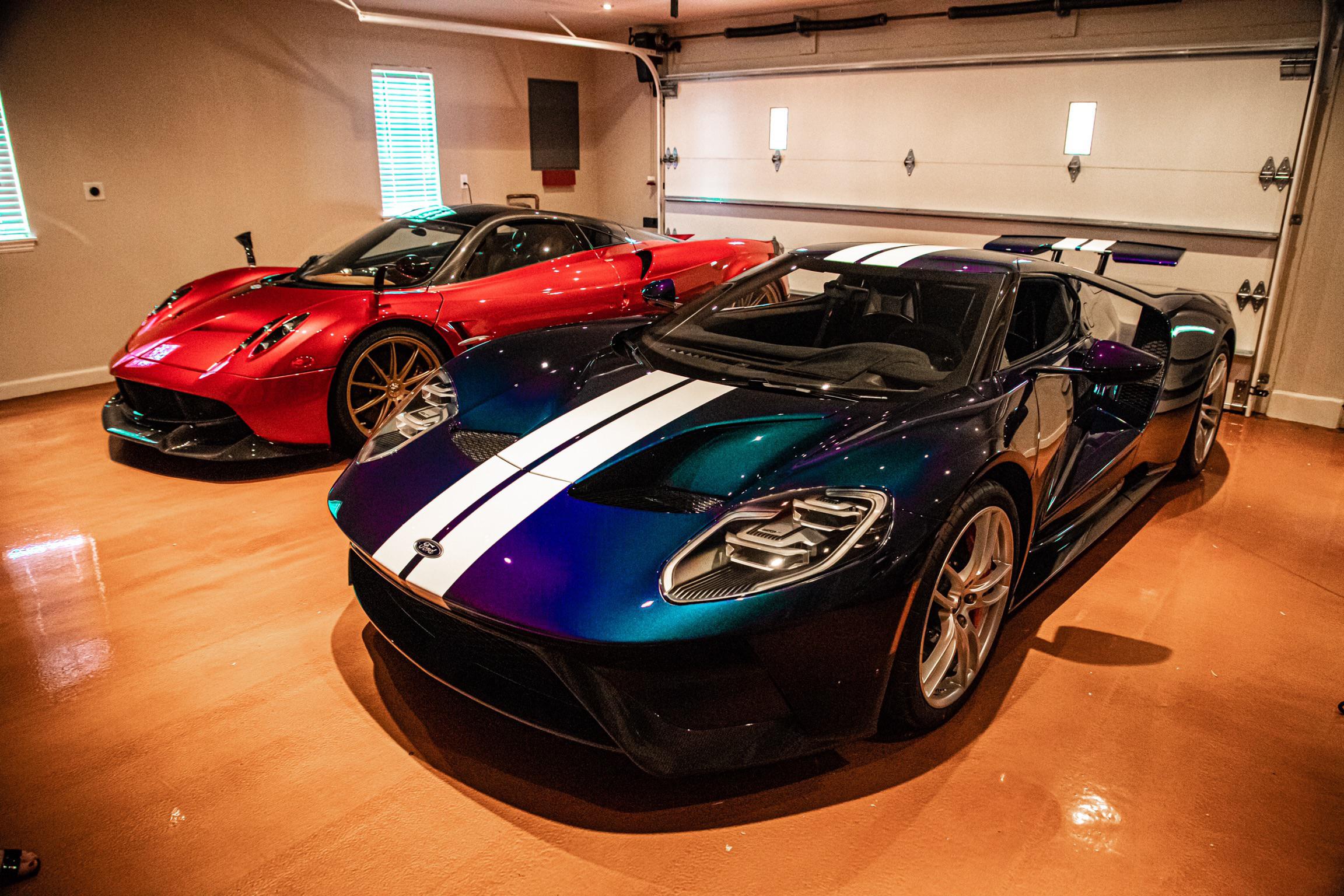The 1 of 1 factory Mystichrome Ford GT and a Candy Red Pagani in a
