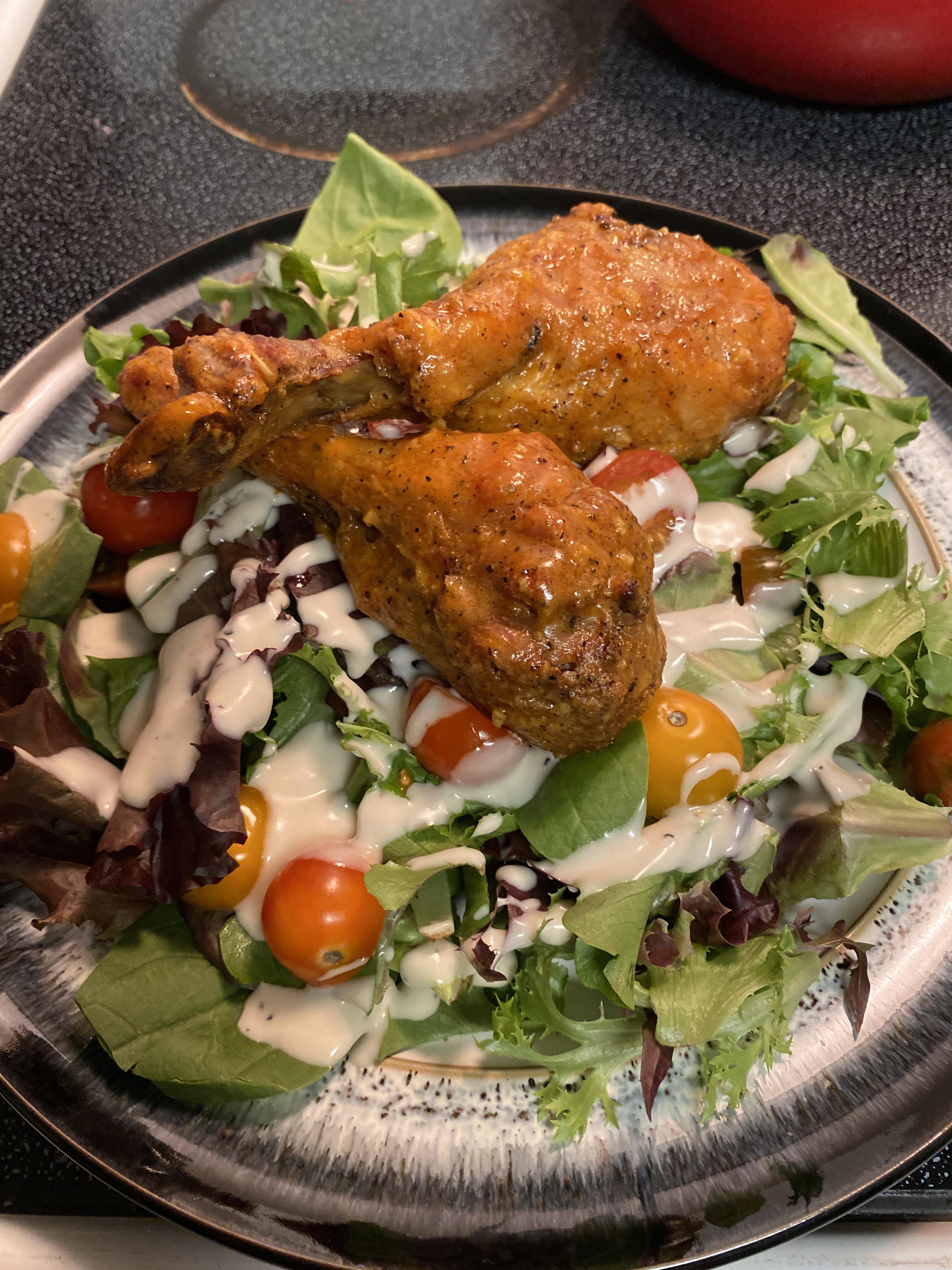 Kenji’s oven buffalo wings but drumsticks served on salad. Ranch