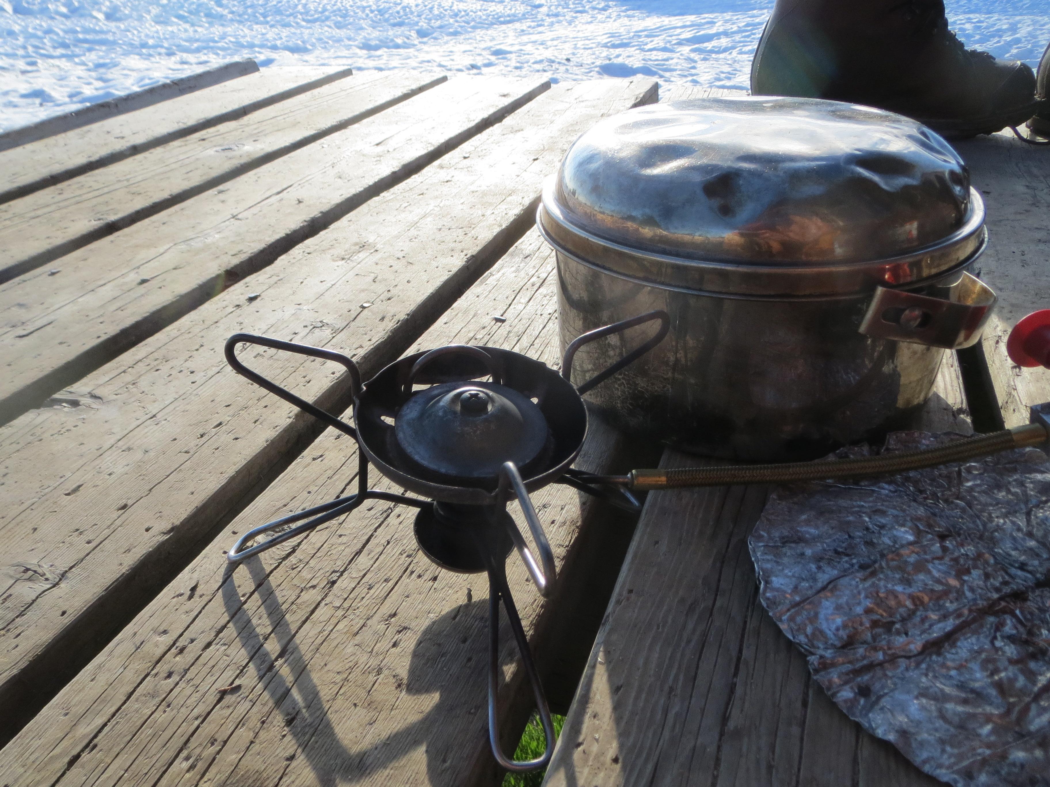 MSR Whisperlite camp stove and MEC pot set Both 20 years old. r