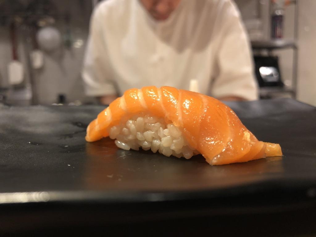 King Salmon Nigiri under the watchful eye of the Itamae Uotora