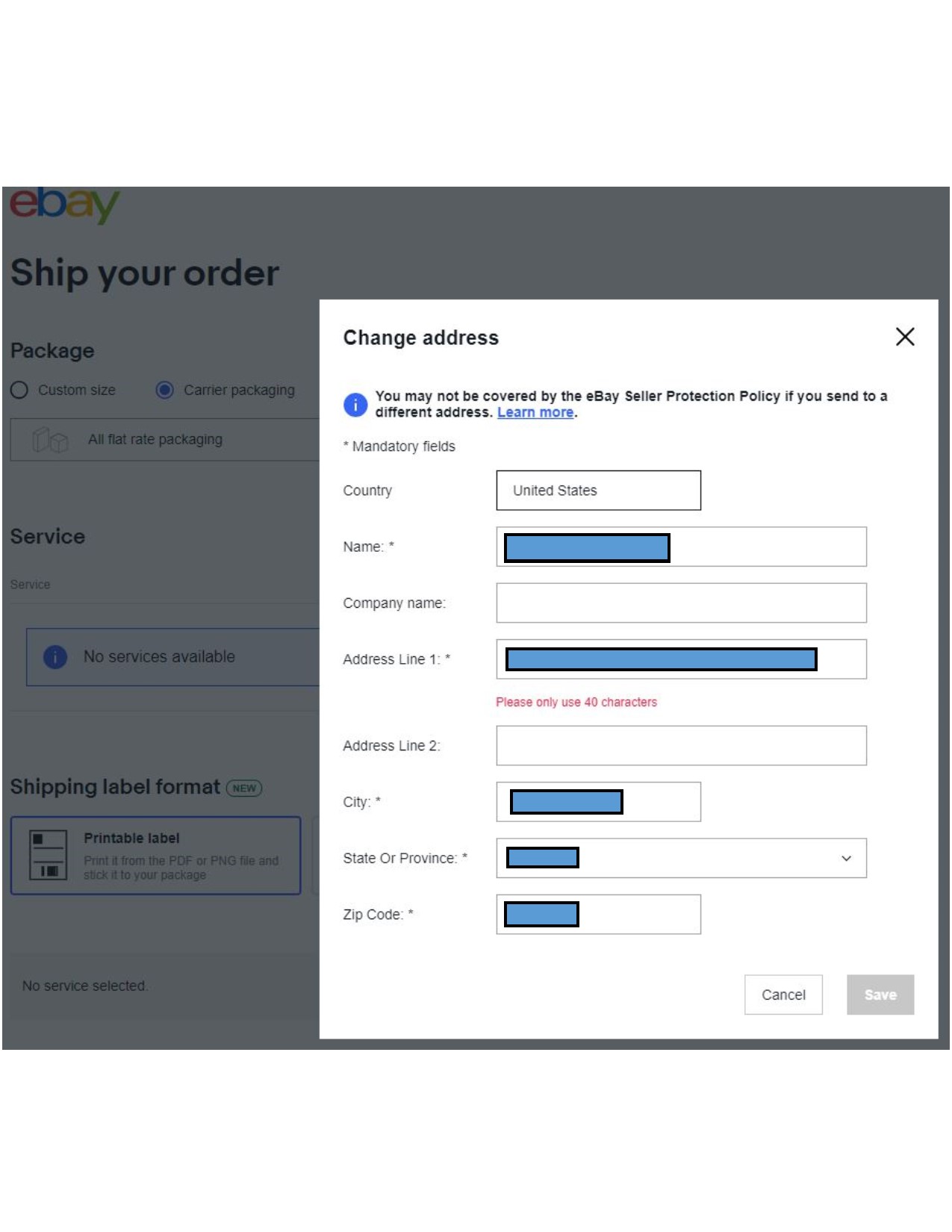 Shipping error message (You may not be covered by the eBay Seller