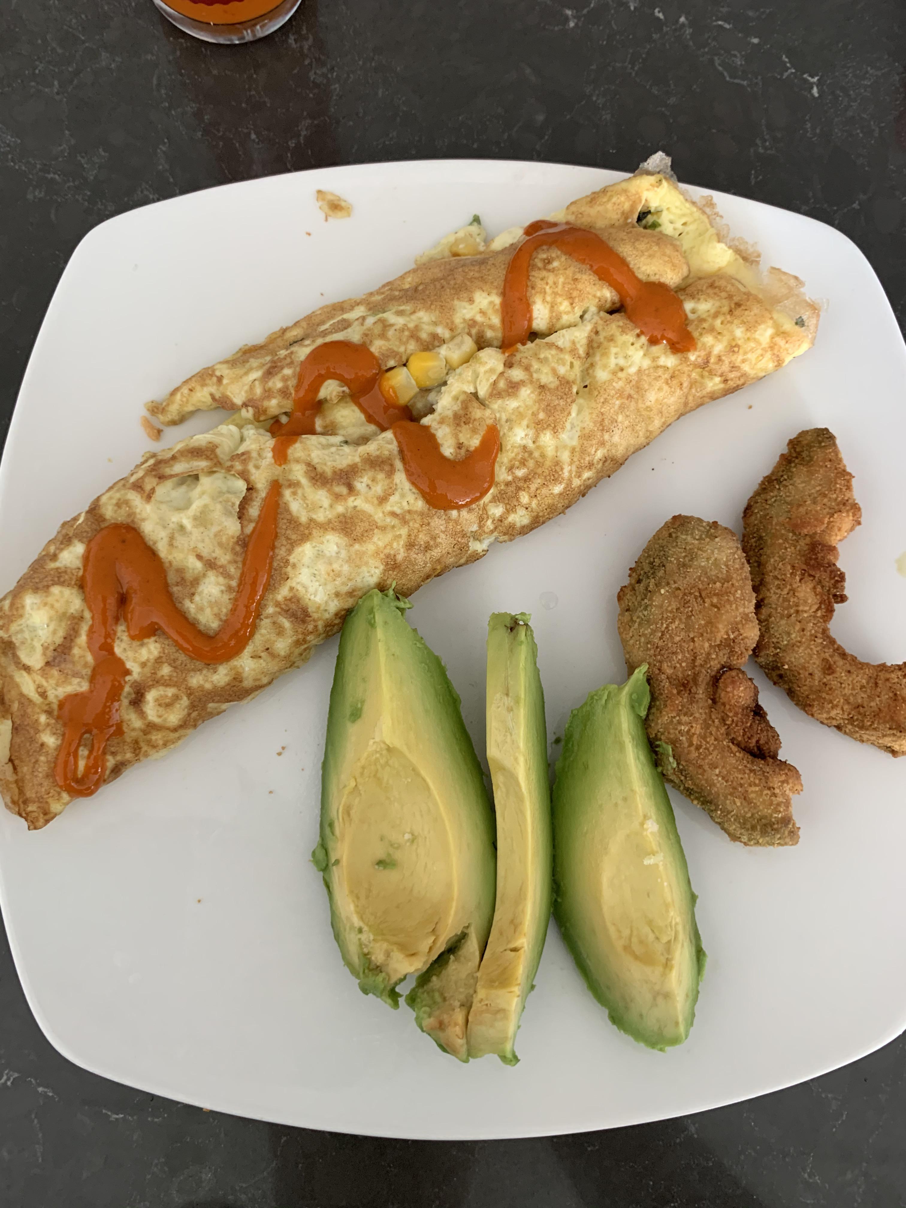 Corn Egg Omelette with Air Fried and Regular Avocado Slices Topped with