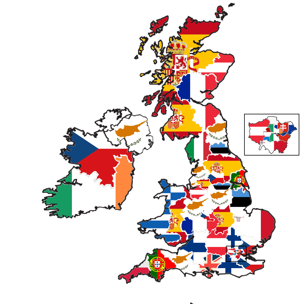 Regions of UK and Ireland according to European country with