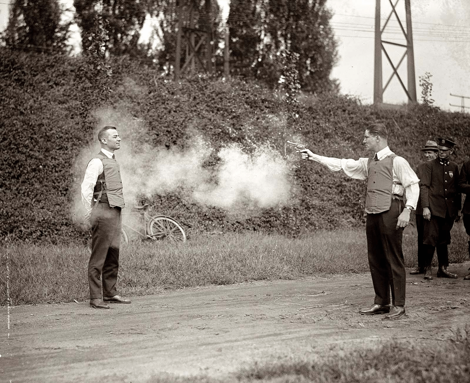 Testing the first bullet proof vest, Protective Garment Company, 1923