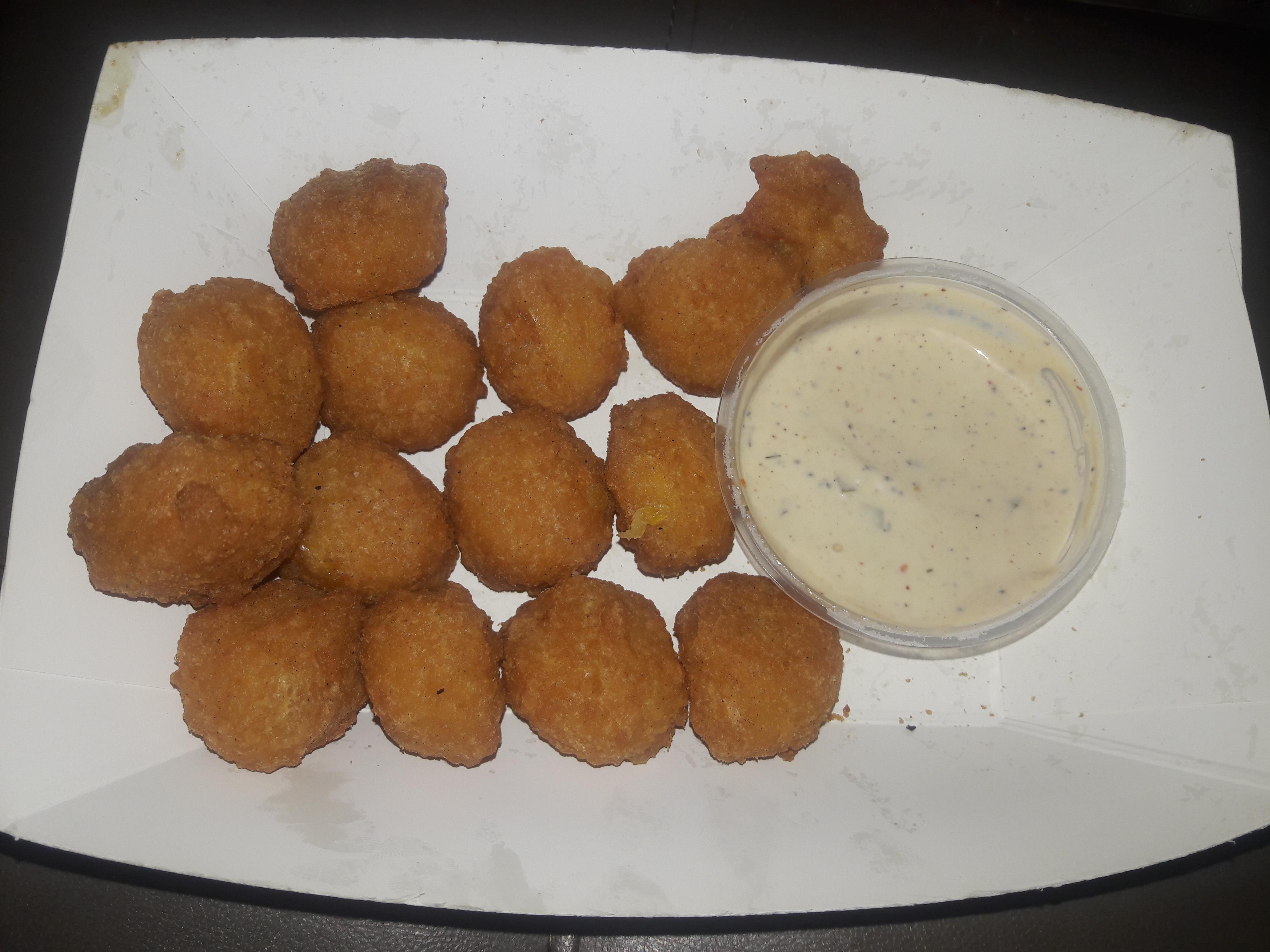 New corn nuggets from Deli dipped in jalapeno ranch from Produce. r