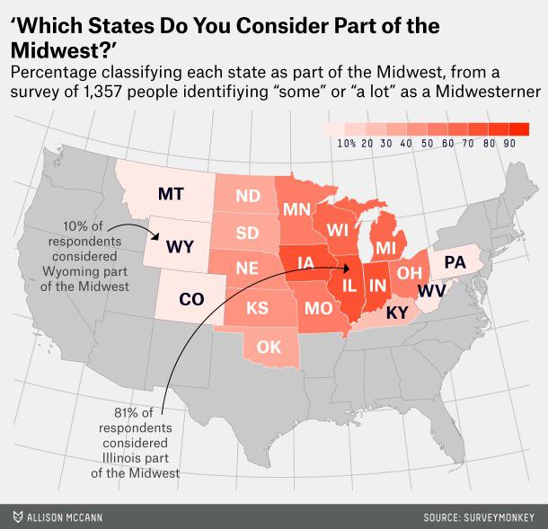 Map showing percentage of population identifies as a “Midwestern” State