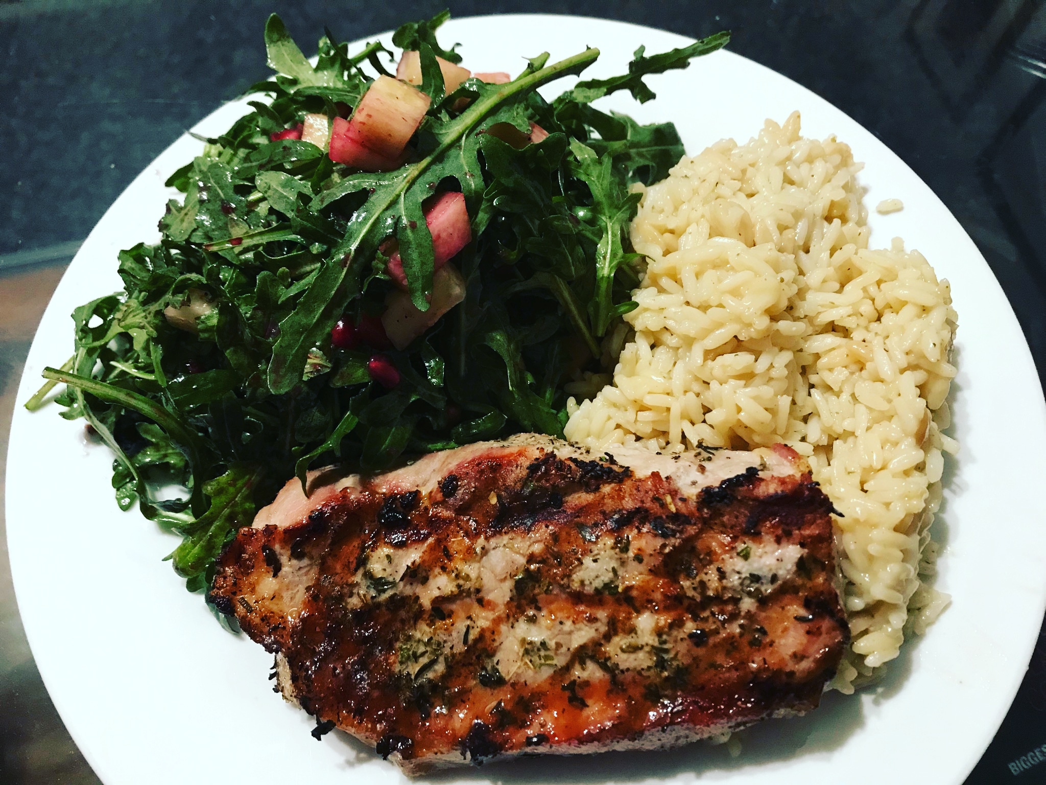 [Pro/chef] Grilled pork chops, rice pilaf, and arugula salad with