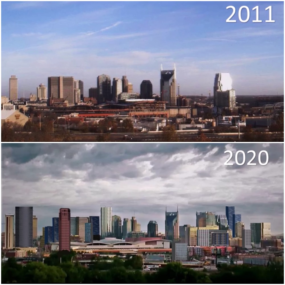 Side by side comparison of Nashville's skyline in 2011 VS the expected