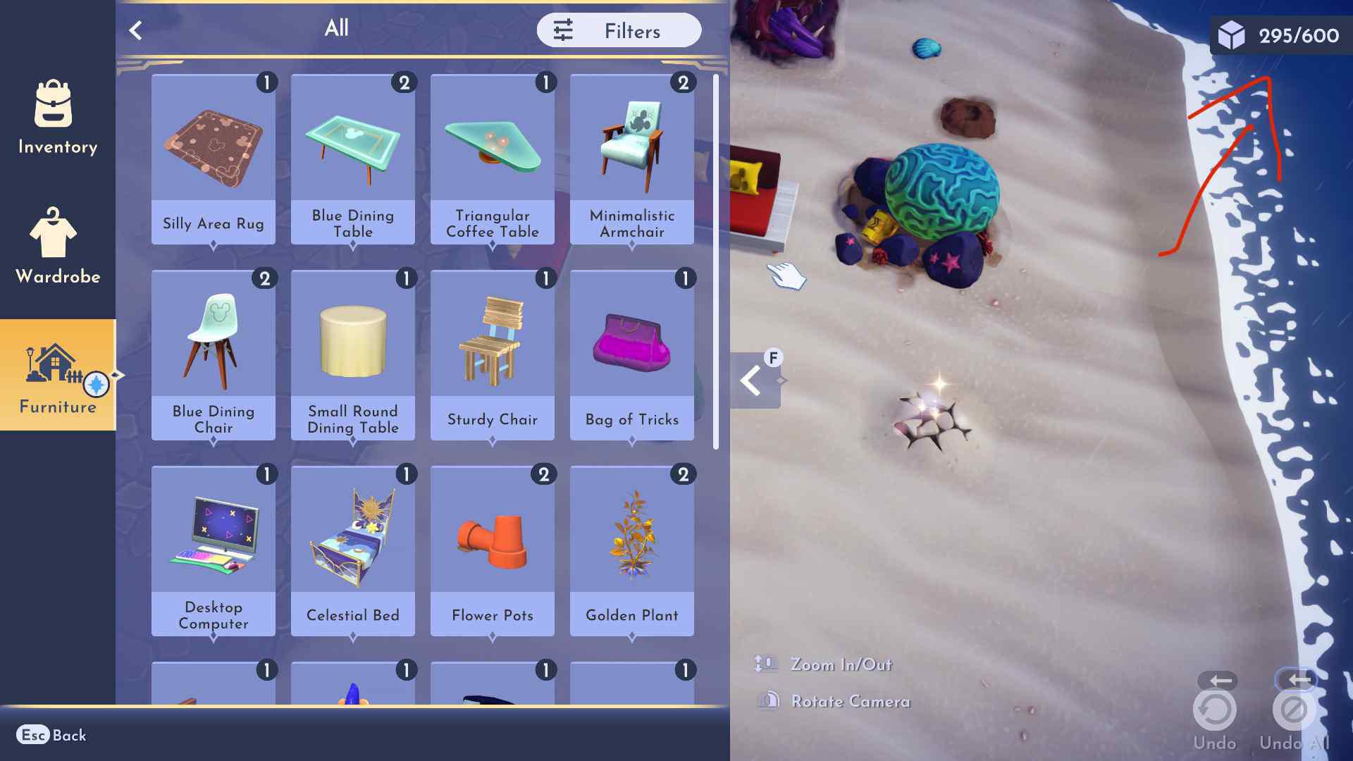 What does the number in the top right corner of the furniture screen