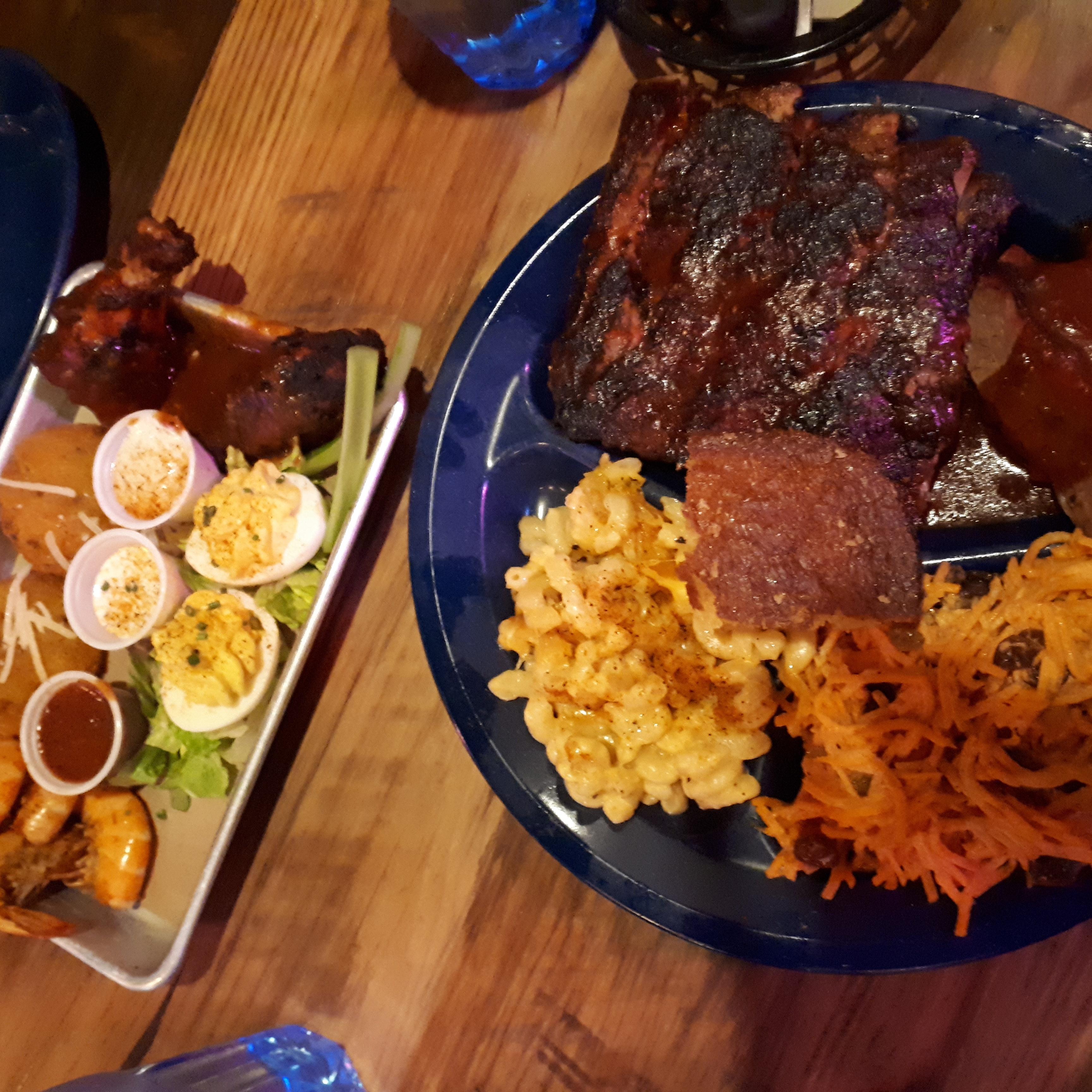 [I ate] BBQ share plates. Fried green tomatoes, smoked wings, deviled